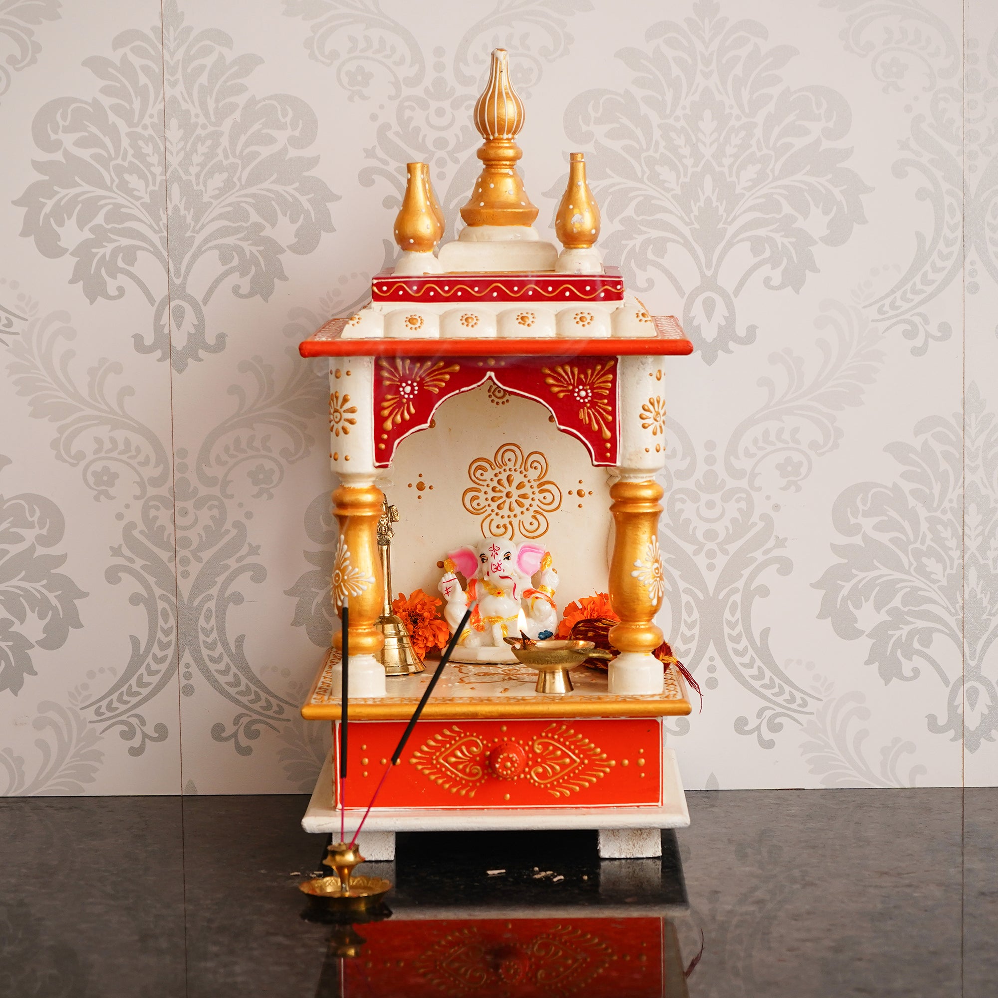 White and Red Wood Pooja Temple/Mandir with Storage Option 1