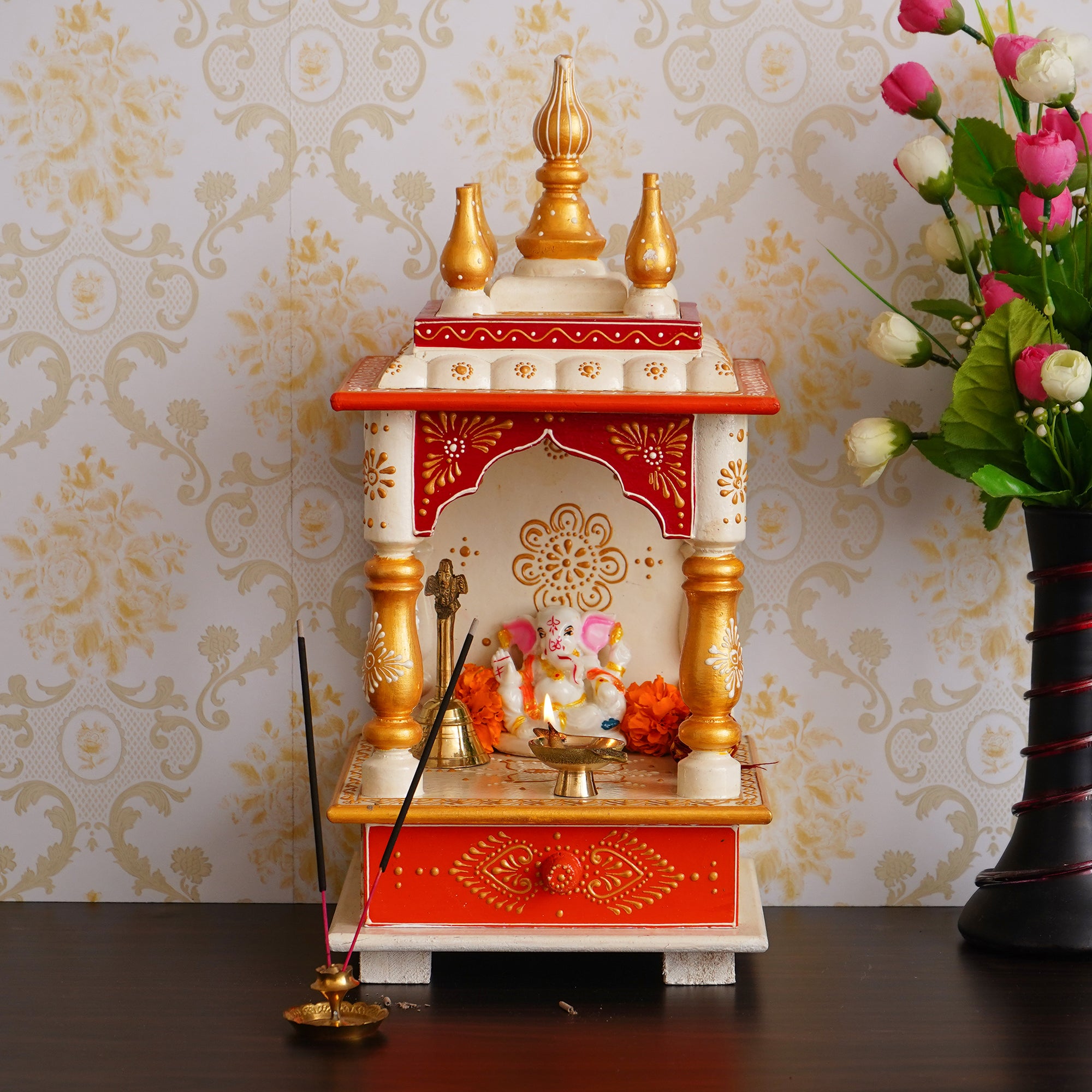 White and Red Wood Pooja Temple/Mandir with Storage Option