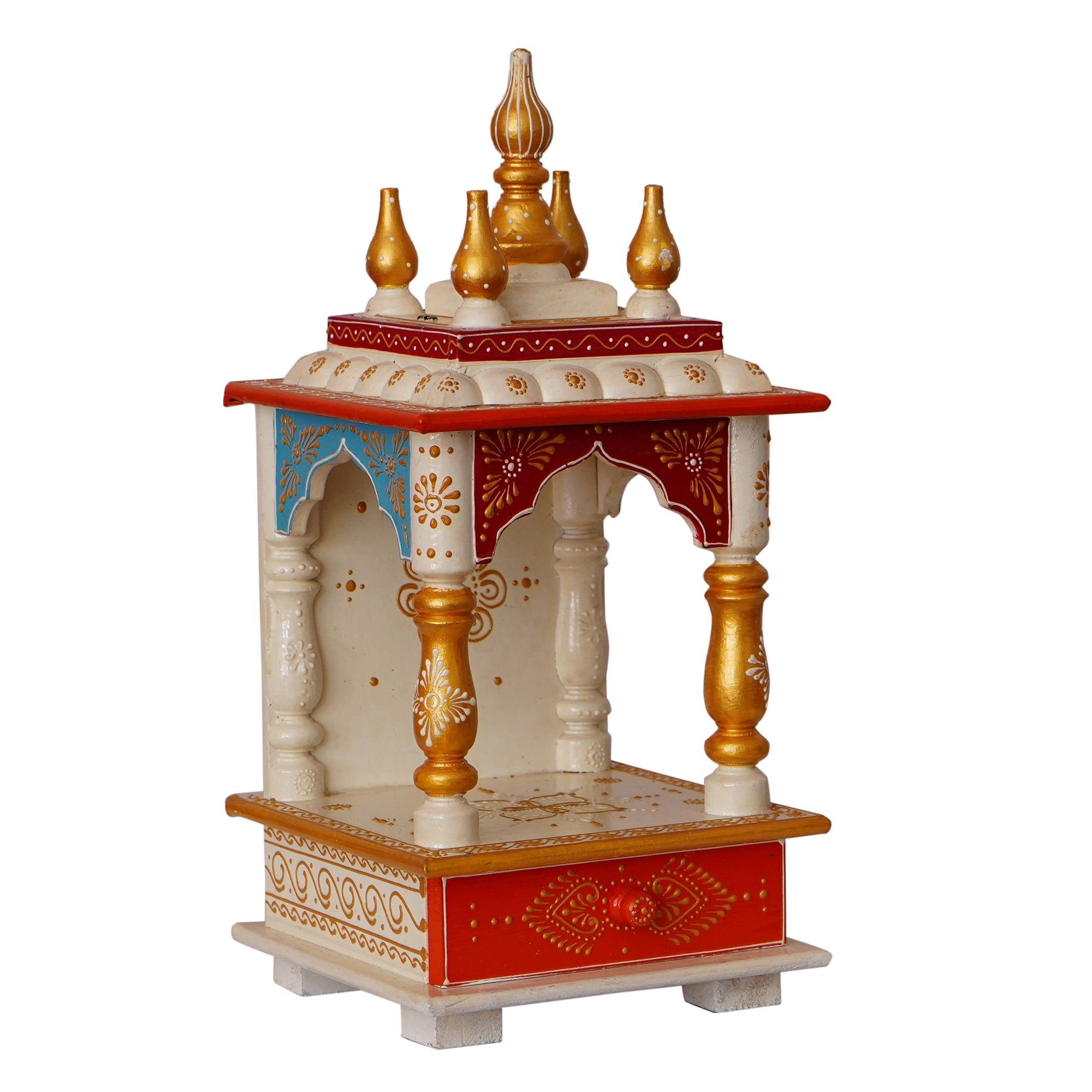 White and Red Wood Pooja Temple/Mandir with Storage Option 2