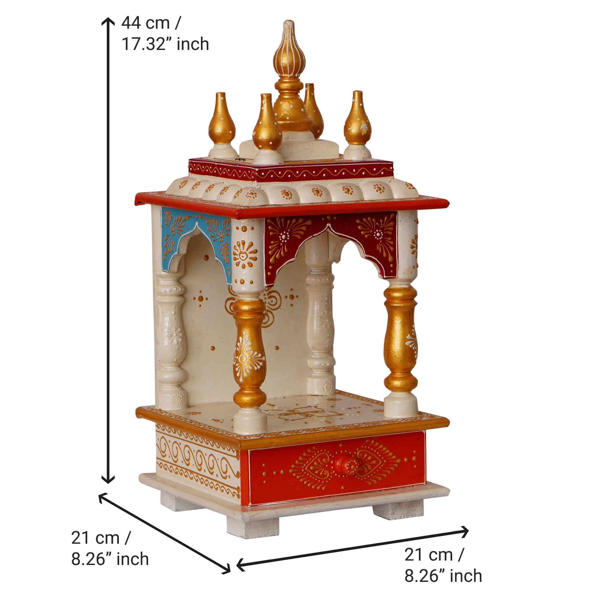 White and Red Wood Pooja Temple/Mandir with Storage Option 3