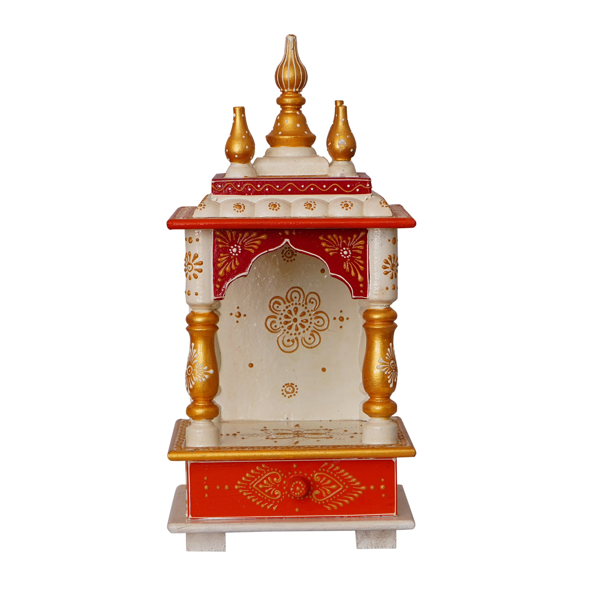 White and Red Wood Pooja Temple/Mandir with Storage Option 4