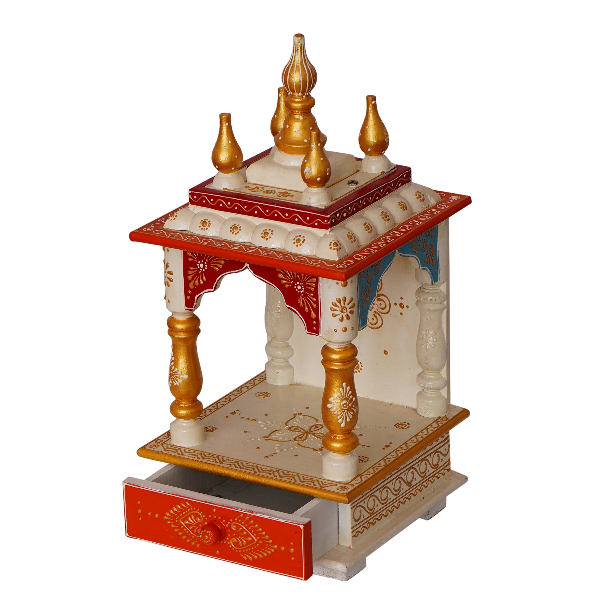 White and Red Wood Pooja Temple/Mandir with Storage Option 5