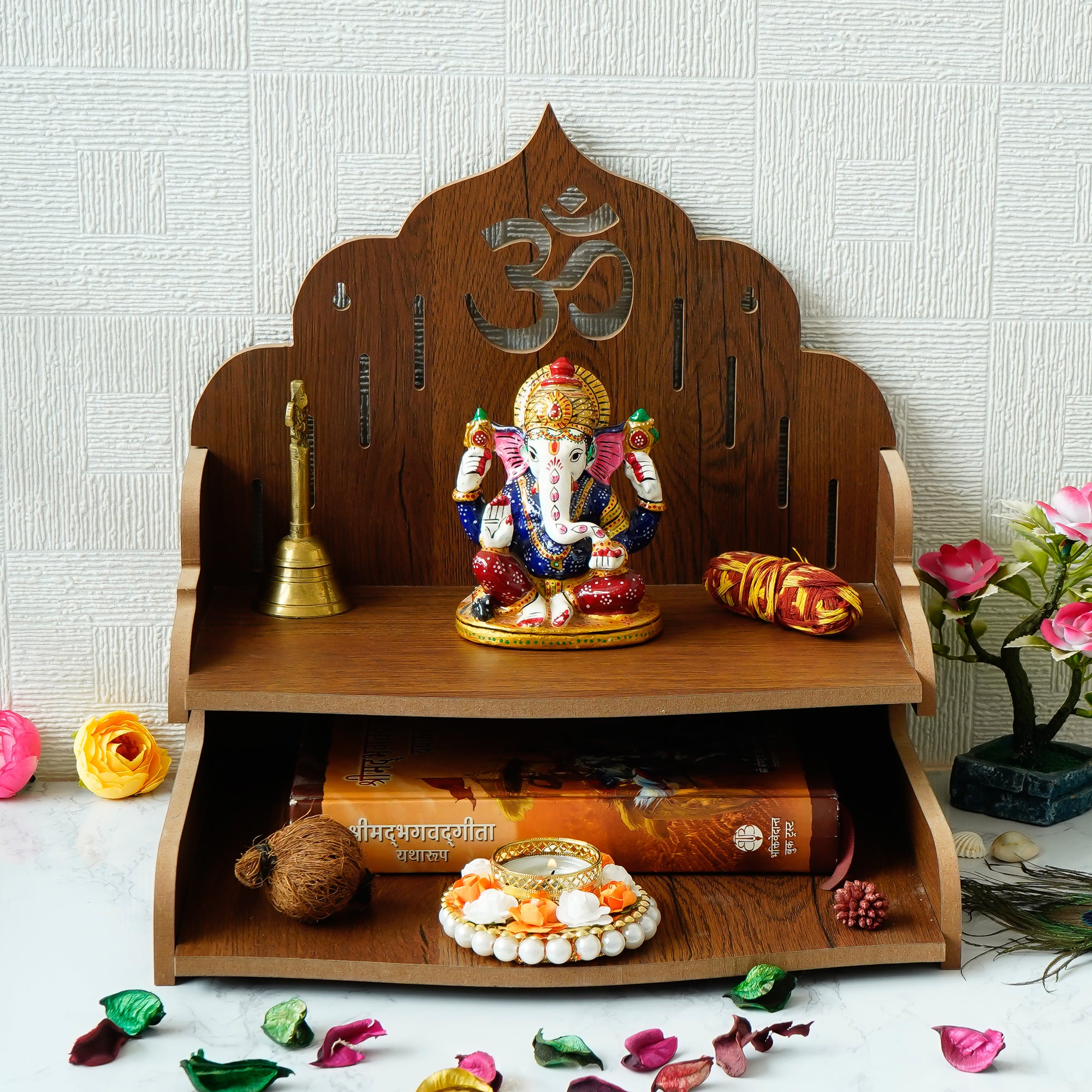 Om Design with Shelf Laminated Wood Pooja Temple/Mandir