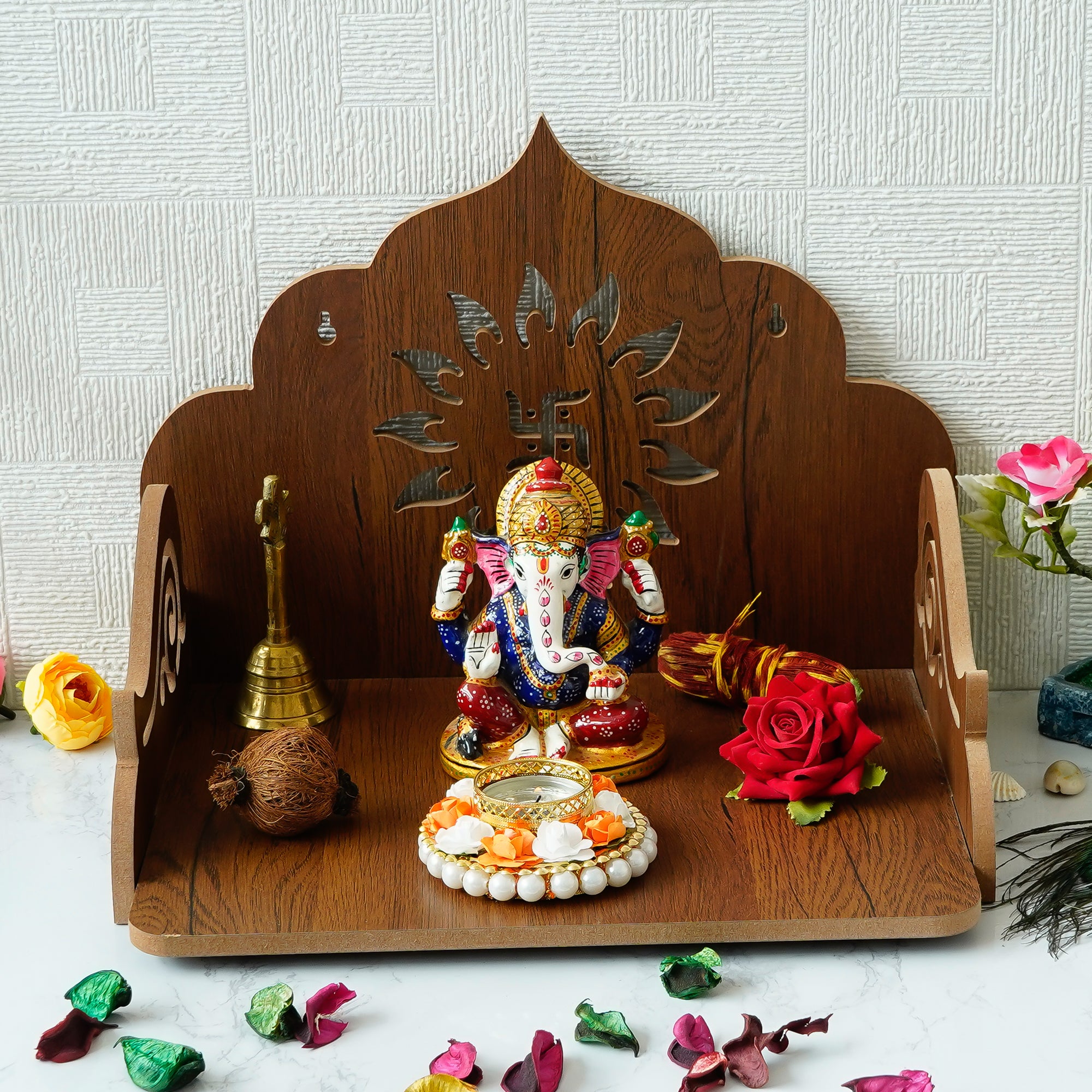 Swastik Design Laminated Wood Pooja Temple/Mandir