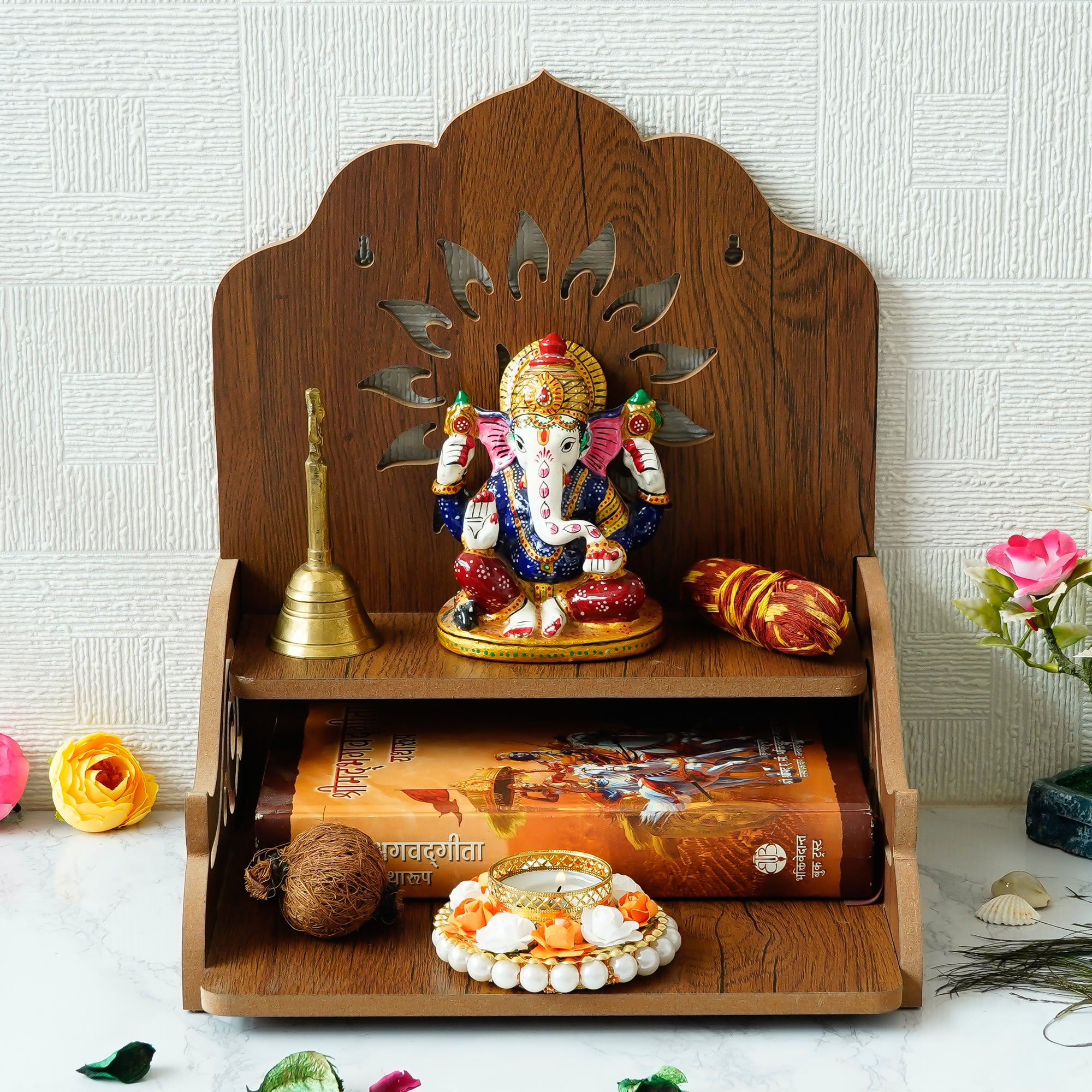 Swastik Design with Shelf Laminated Wood Pooja Temple/Mandir 1