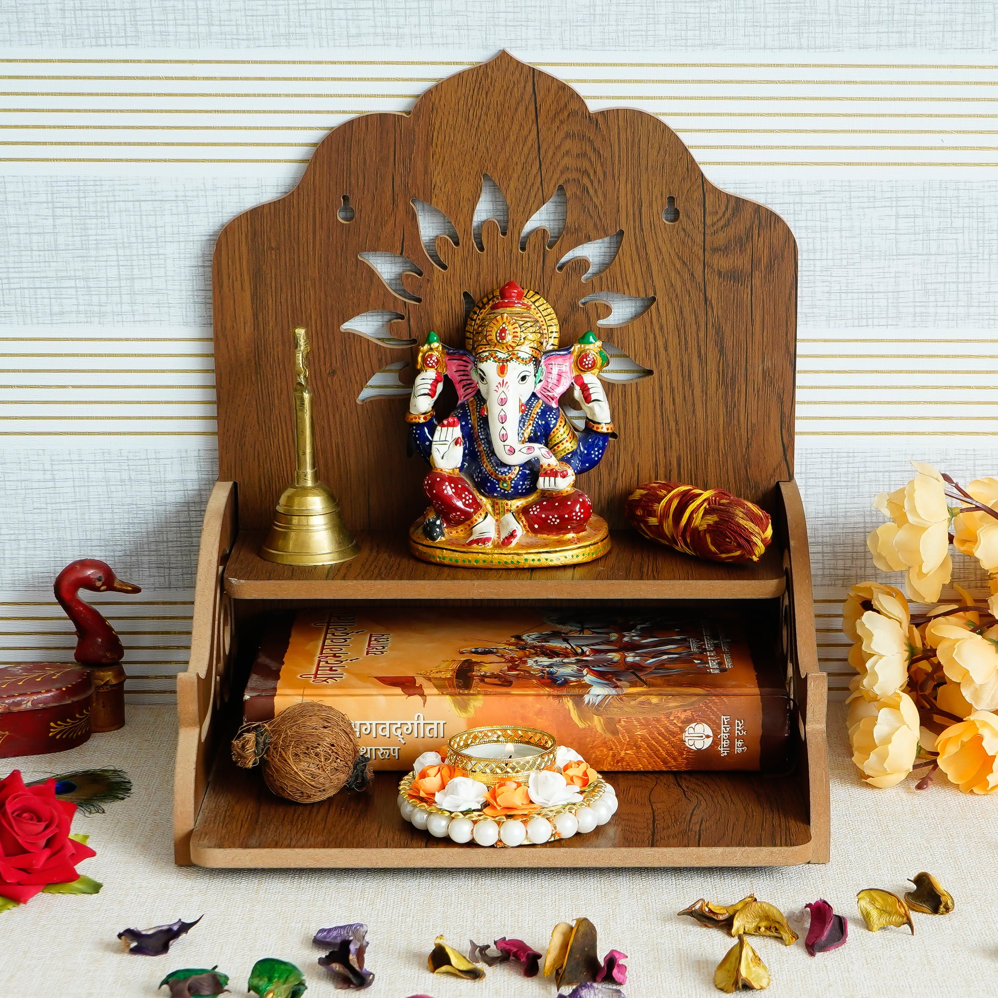Swastik Design with Shelf Laminated Wood Pooja Temple/Mandir