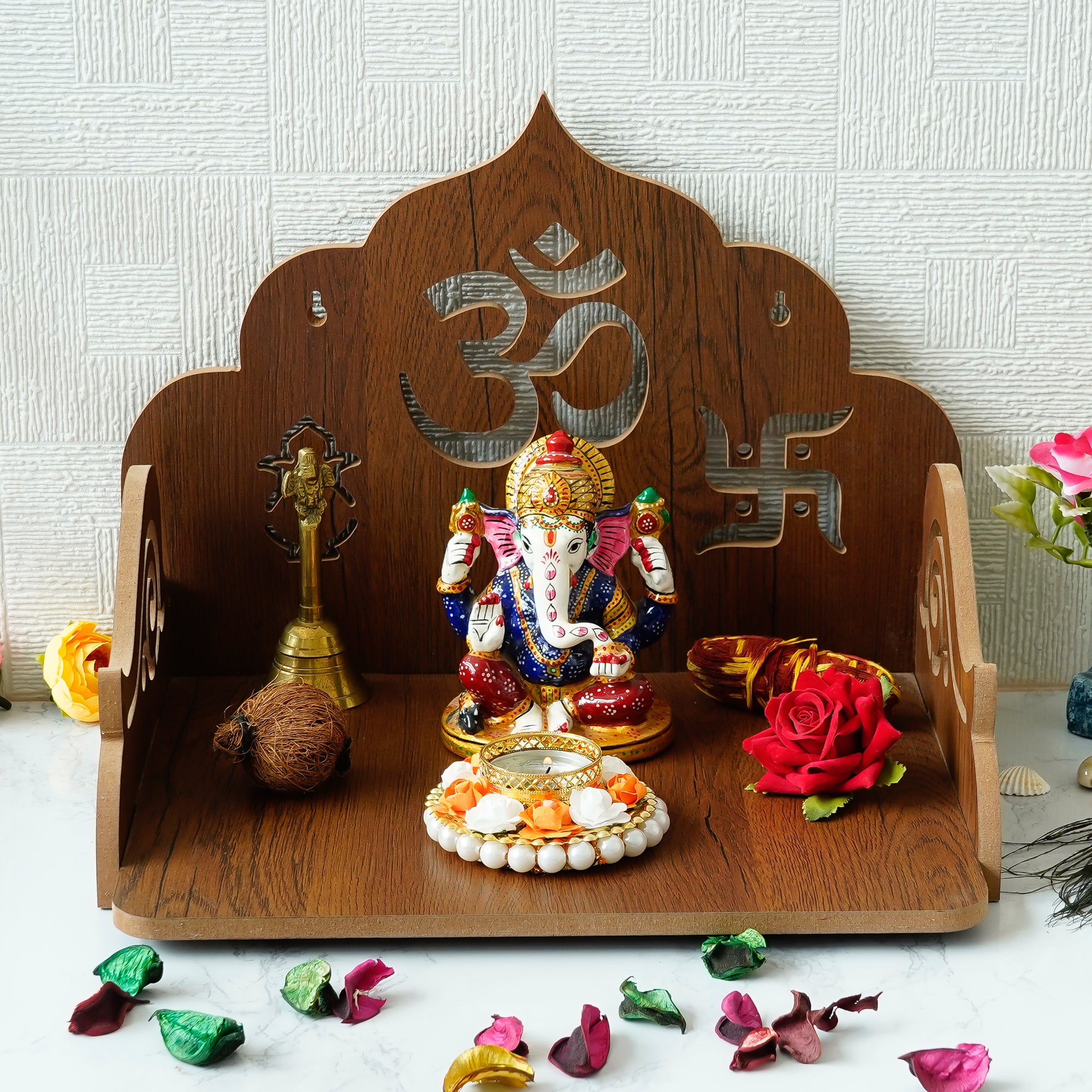 Om with Swastik and Kalash Design Laminated Wood Pooja Temple/Mandir 1
