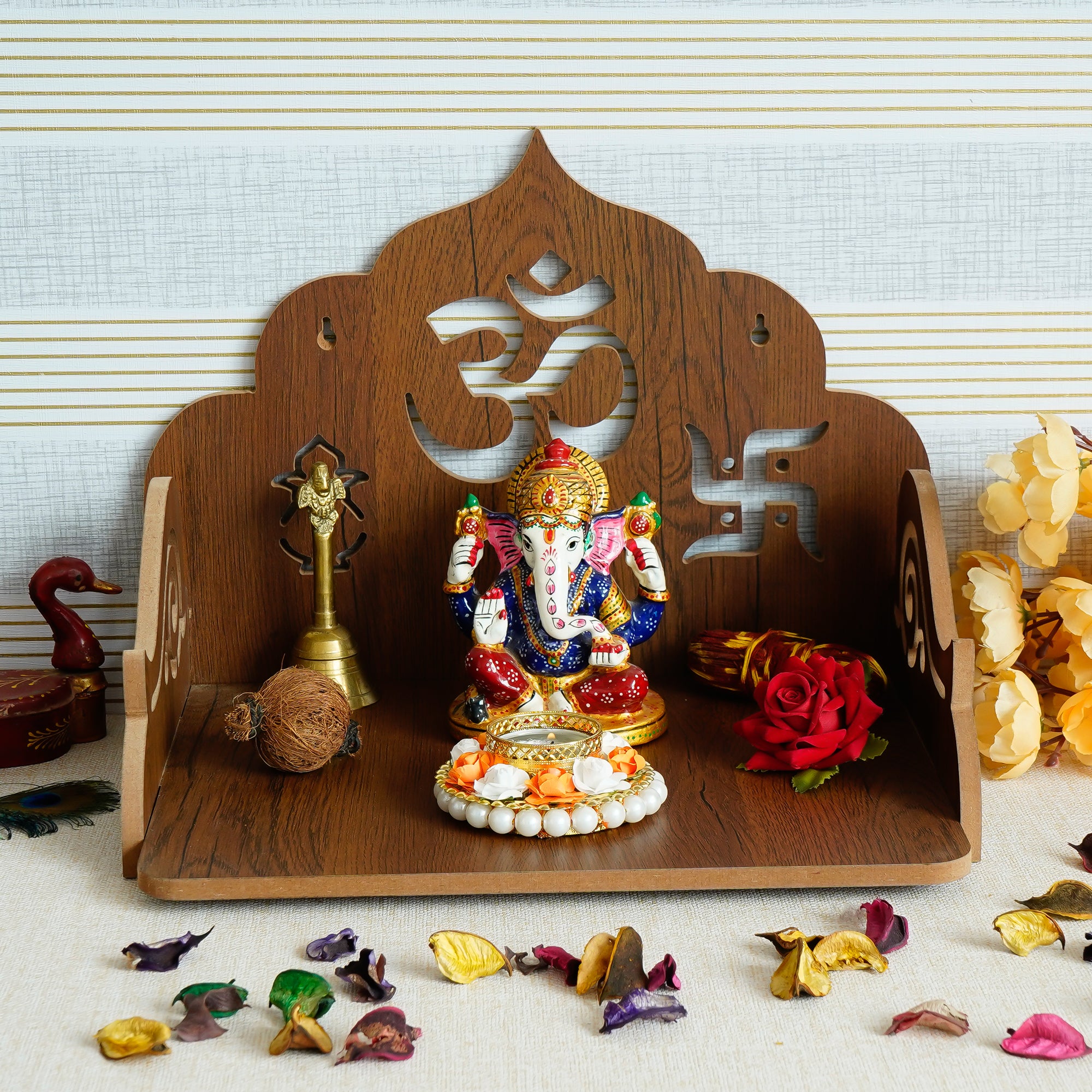 Om with Swastik and Kalash Design Laminated Wood Pooja Temple/Mandir