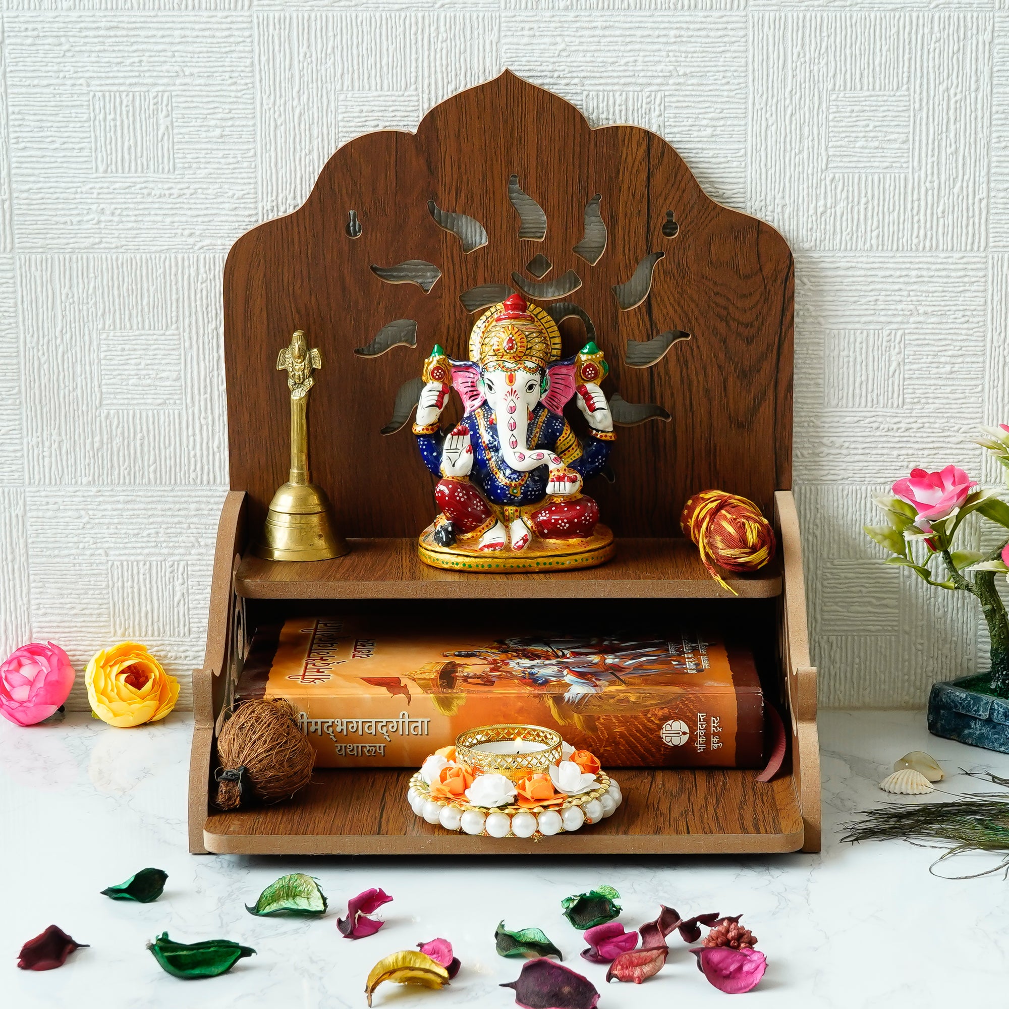 Om Design with Shelf Laminated Wood Pooja Temple/Mandir 1