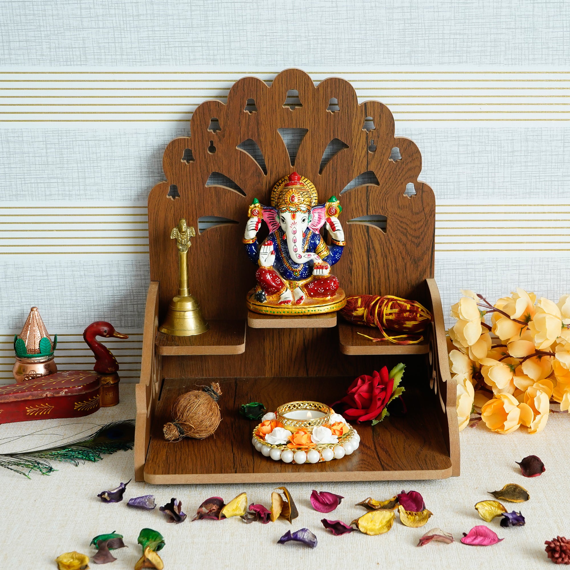 Om with Bells Design and 3 Shelfs Laminated Wood Pooja Temple/Mandir 1