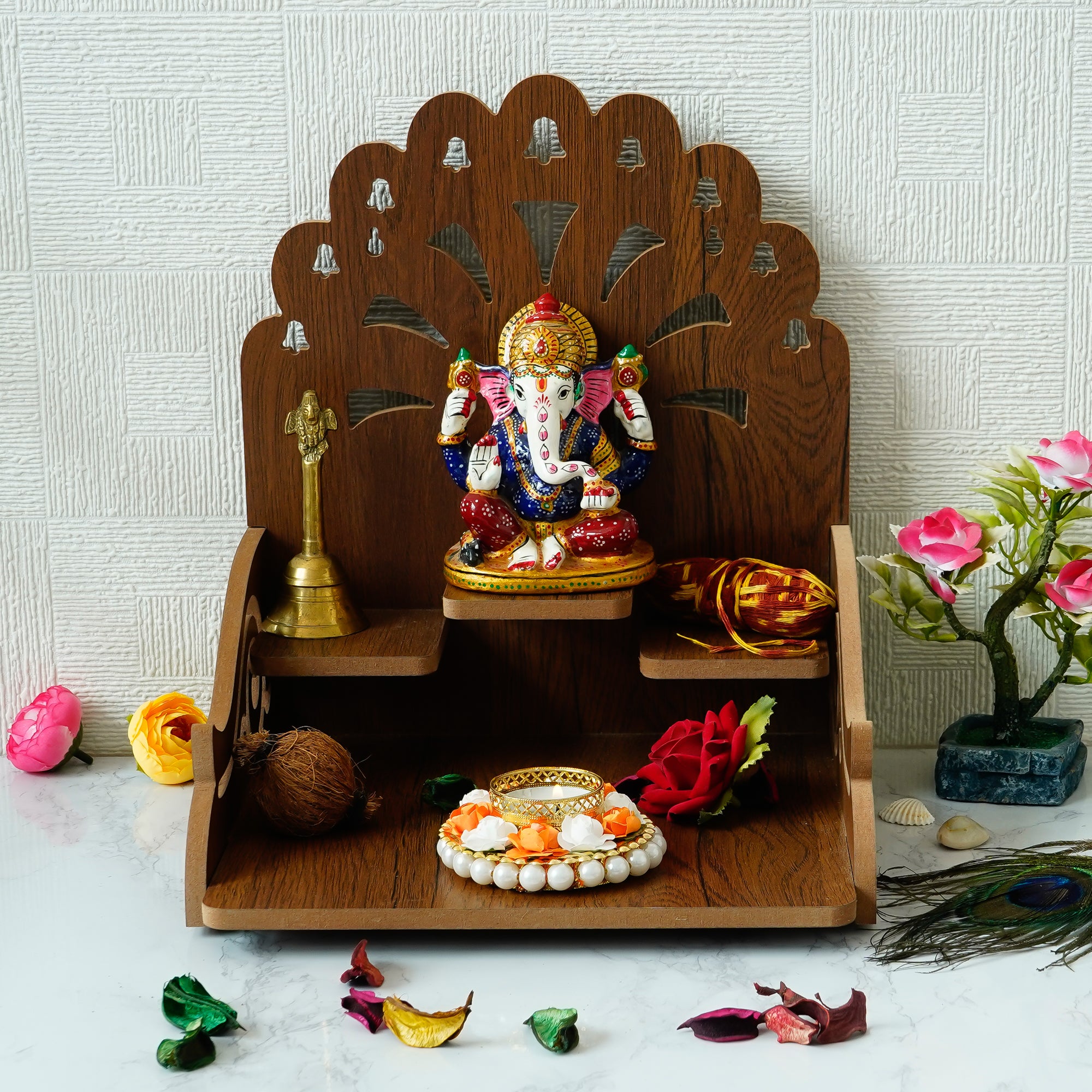 Om with Bells Design and 3 Shelfs Laminated Wood Pooja Temple/Mandir