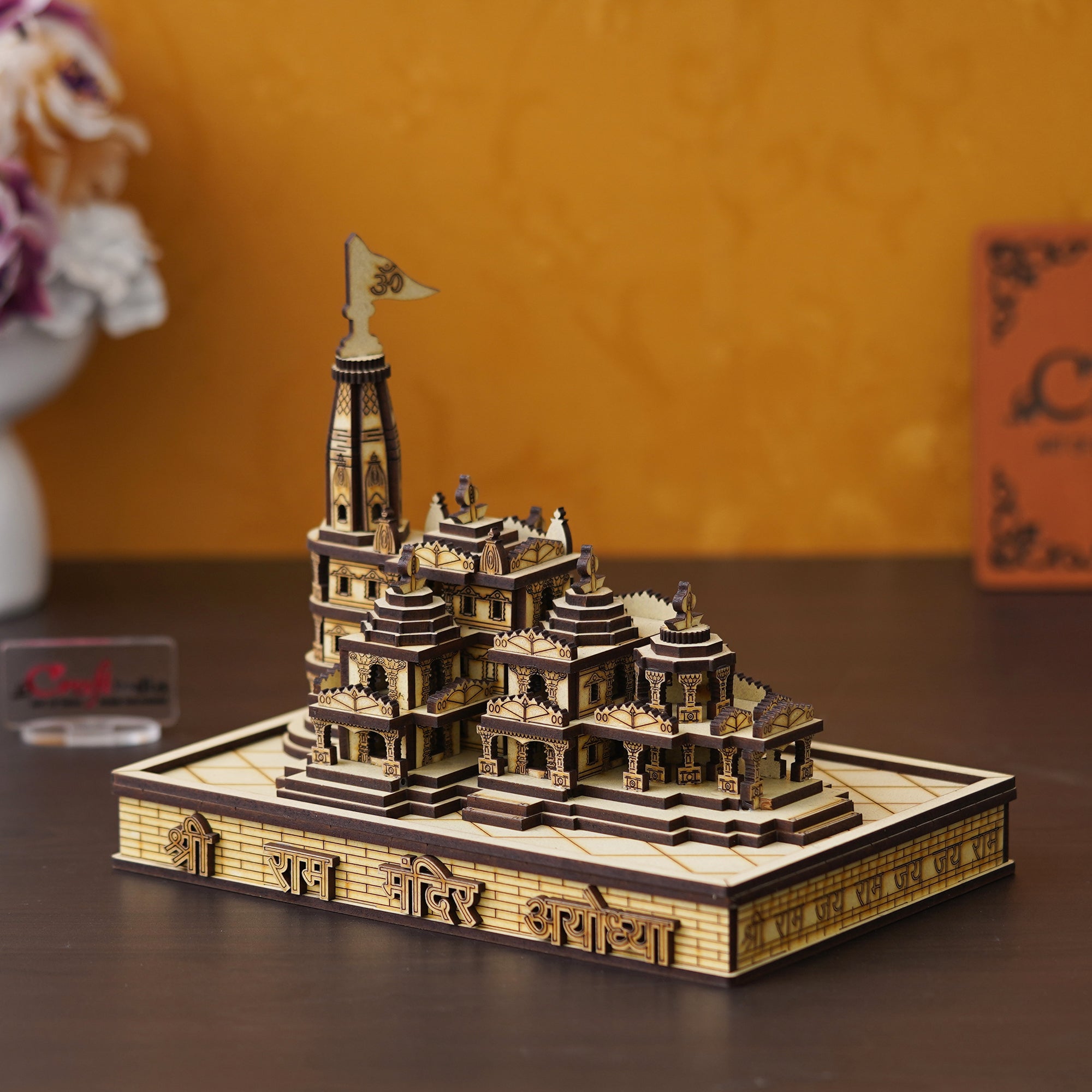 eCraftIndia Shri Ram Mandir Ayodhya Model with Light and Power Adapter - Wooden MDF Craftsmanship Authentic Designer Temple with Protective Gift Box - Ideal for Home Temple, Decor, and Spiritual Gifting