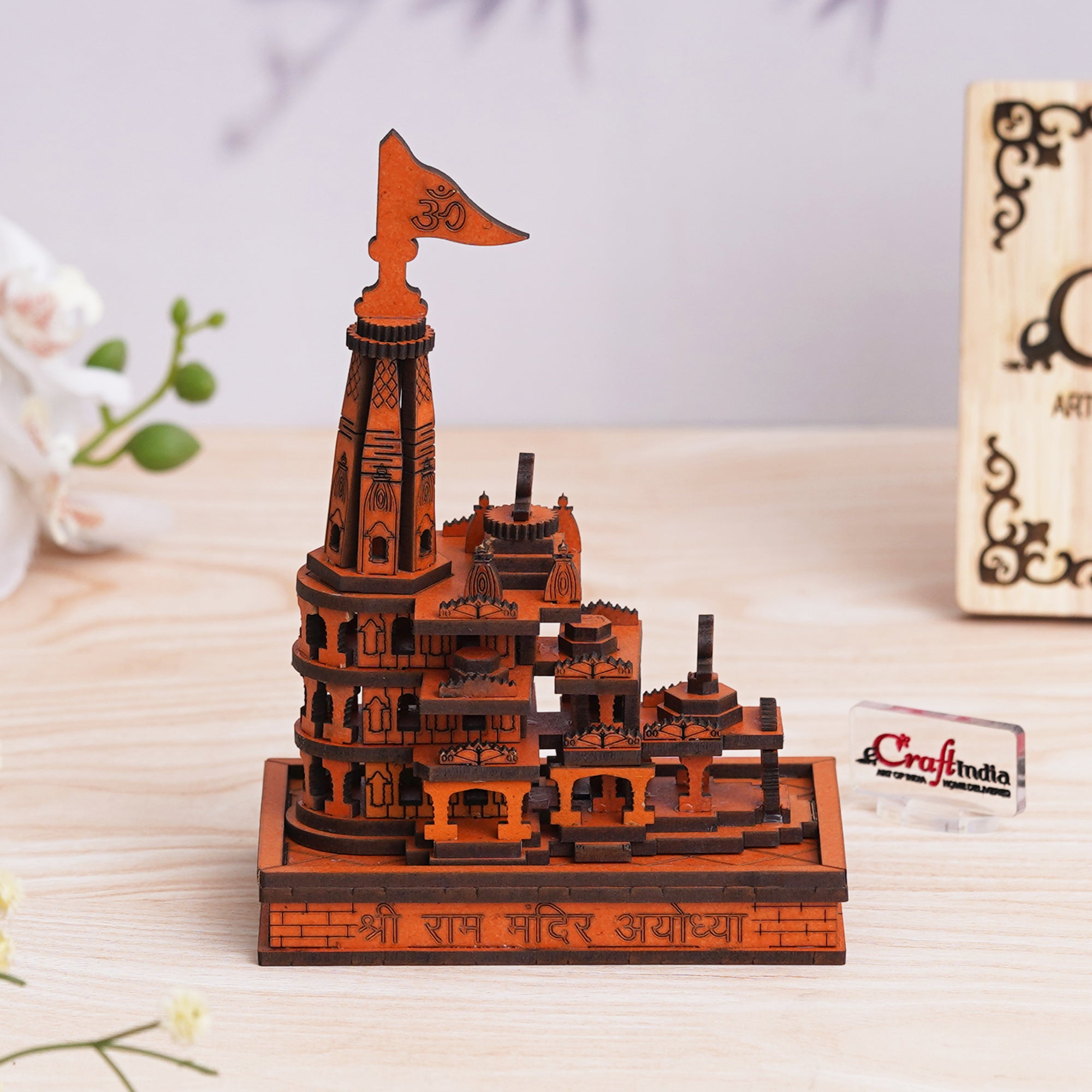 eCraftIndia Shri Ram Mandir Ayodhya Model - Wooden MDF Craftsmanship Authentic Designer Temple - Ideal for Home Temple, Decor, and Spiritual Gifting (Orange, Brown)
