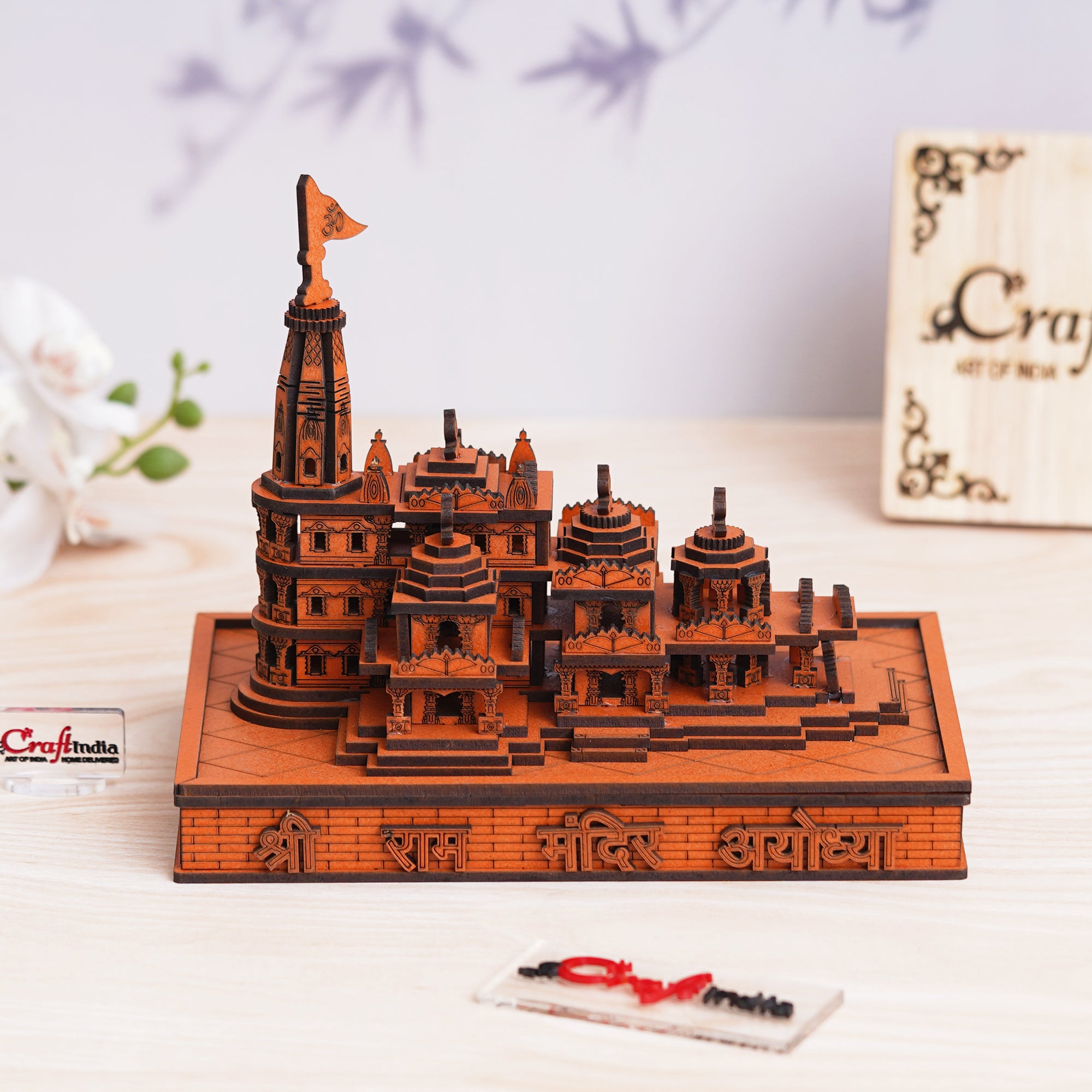 eCraftIndia Shri Ram Mandir Ayodhya Model - Wooden MDF Craftsmanship Authentic Designer Temple - Ideal for Home Temple, Decor, and Spiritual Gifting (Orange)