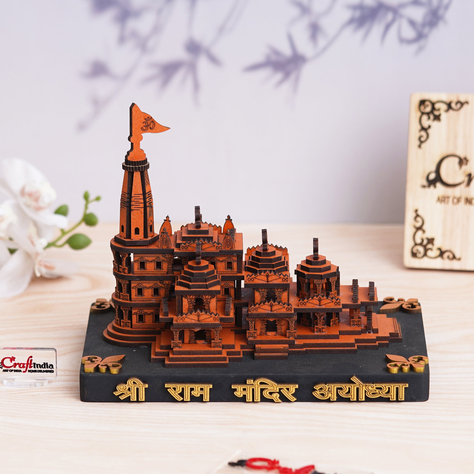 eCraftIndia Shri Ram Mandir Ayodhya Model - Wooden MDF Craftsmanship Authentic Designer Temple - Ideal for Home Temple, Decor, and Spiritual Gifting (Orange, Gold)