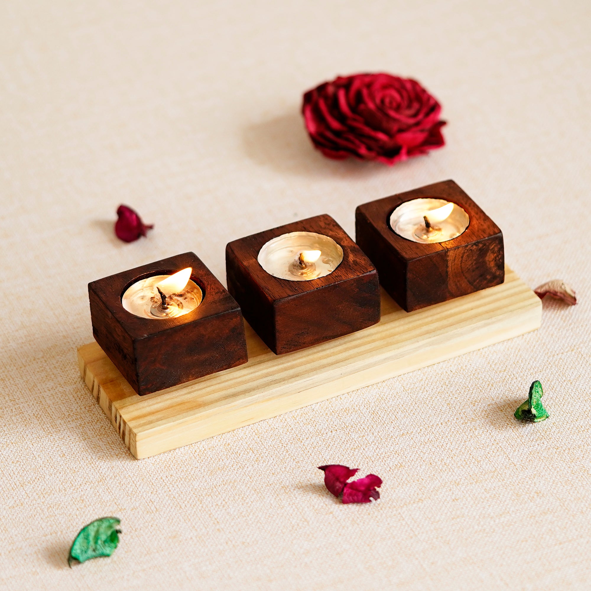 Brown Set of 3 Wooden Tea Light candle Holder Stand 1