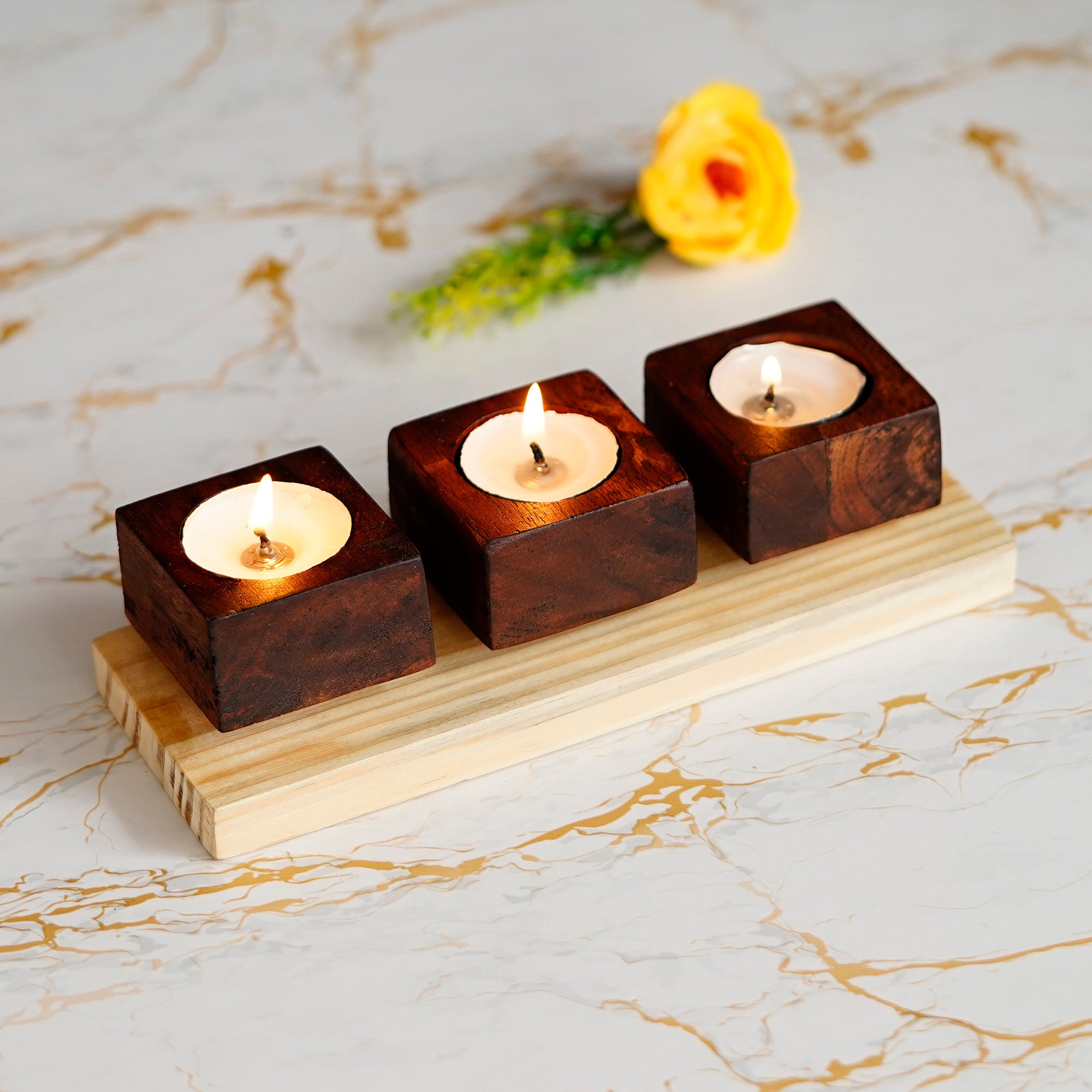 Brown Set of 3 Wooden Tea Light candle Holder Stand