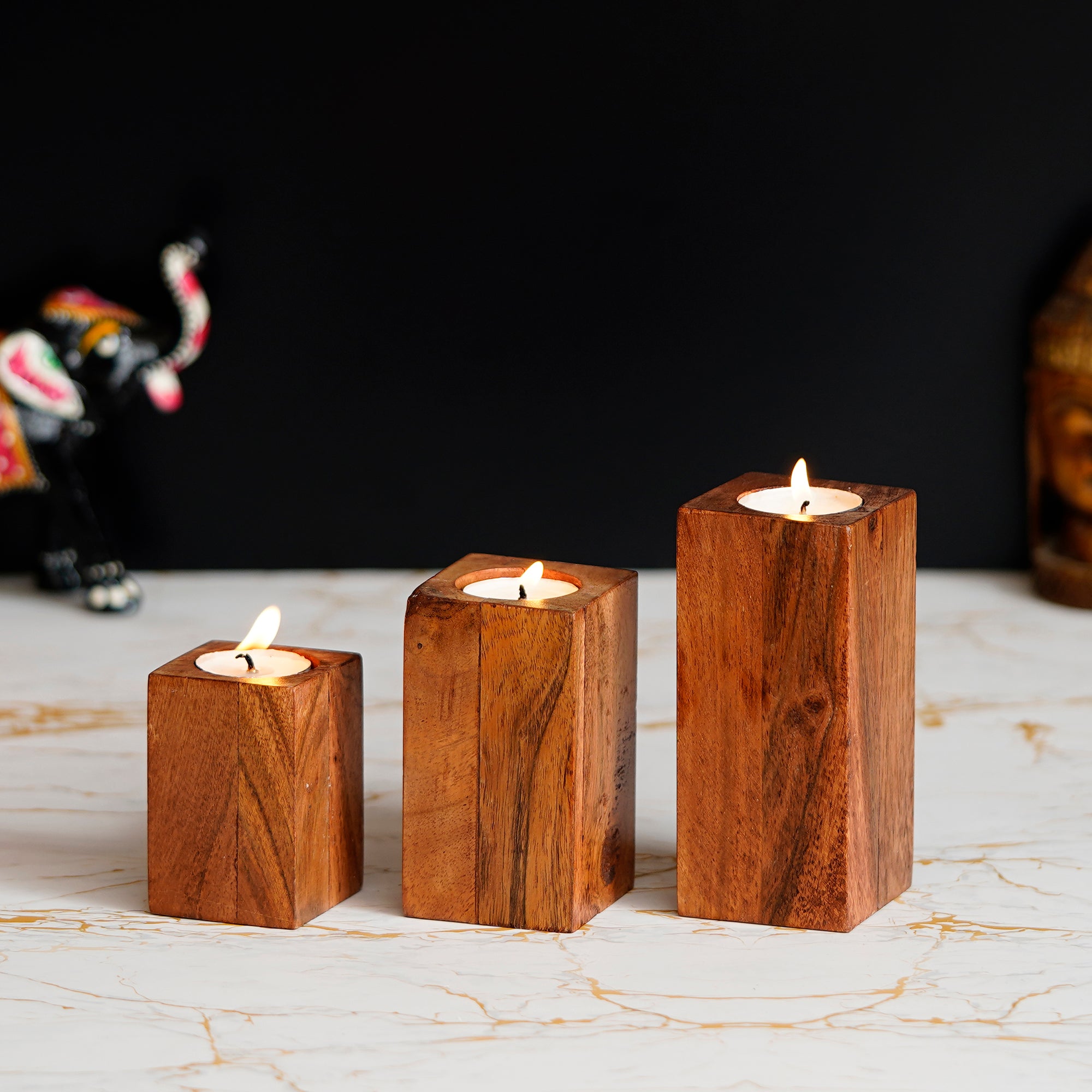 Brown Set of 3 Solid Pillar Wooden Tea Light candle Holder Stands 1
