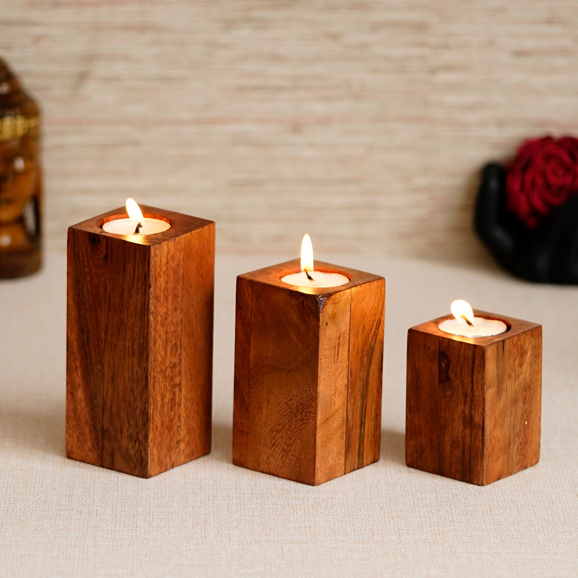 Brown Set of 3 Solid Pillar Wooden Tea Light candle Holder Stands