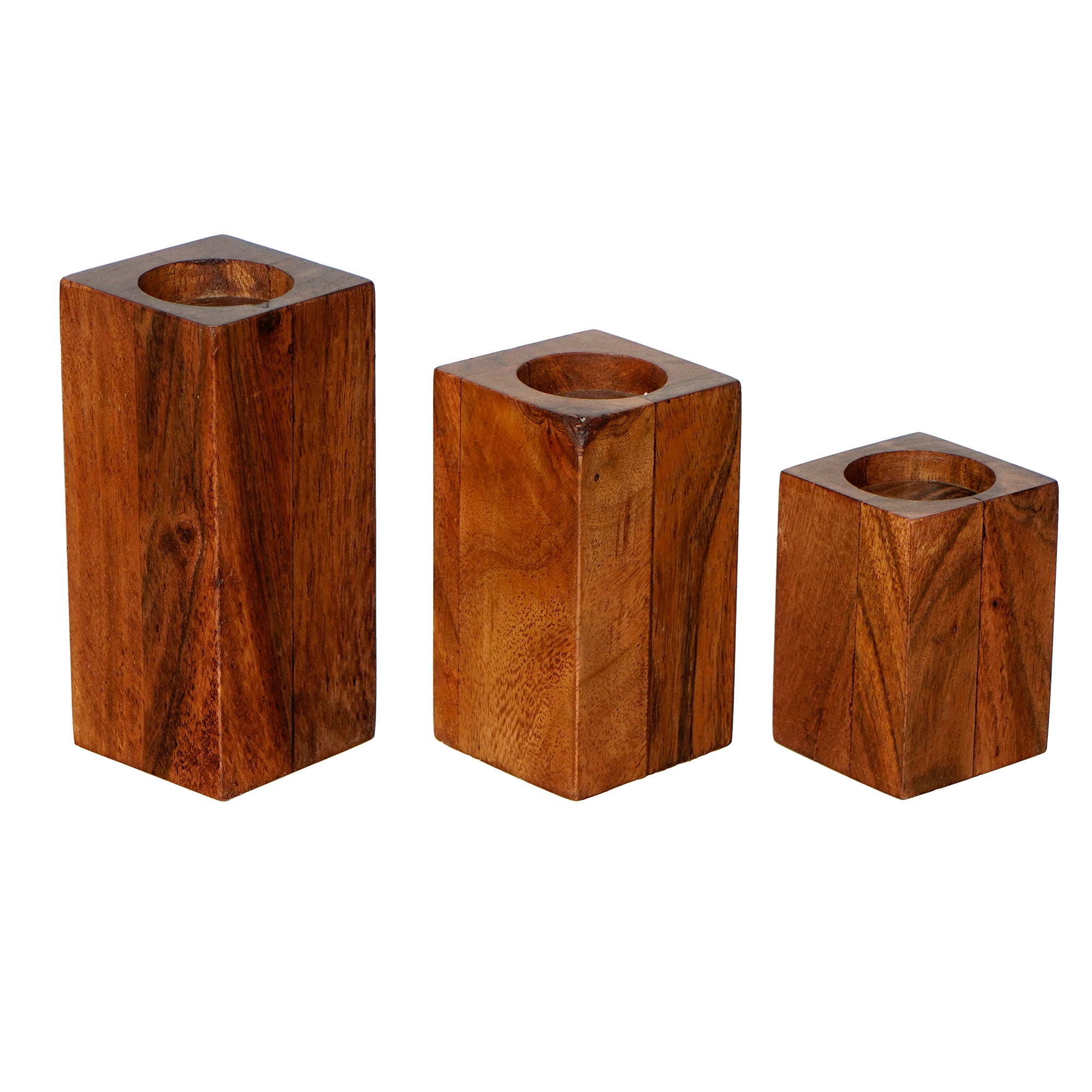 Brown Set of 3 Solid Pillar Wooden Tea Light candle Holder Stands 2