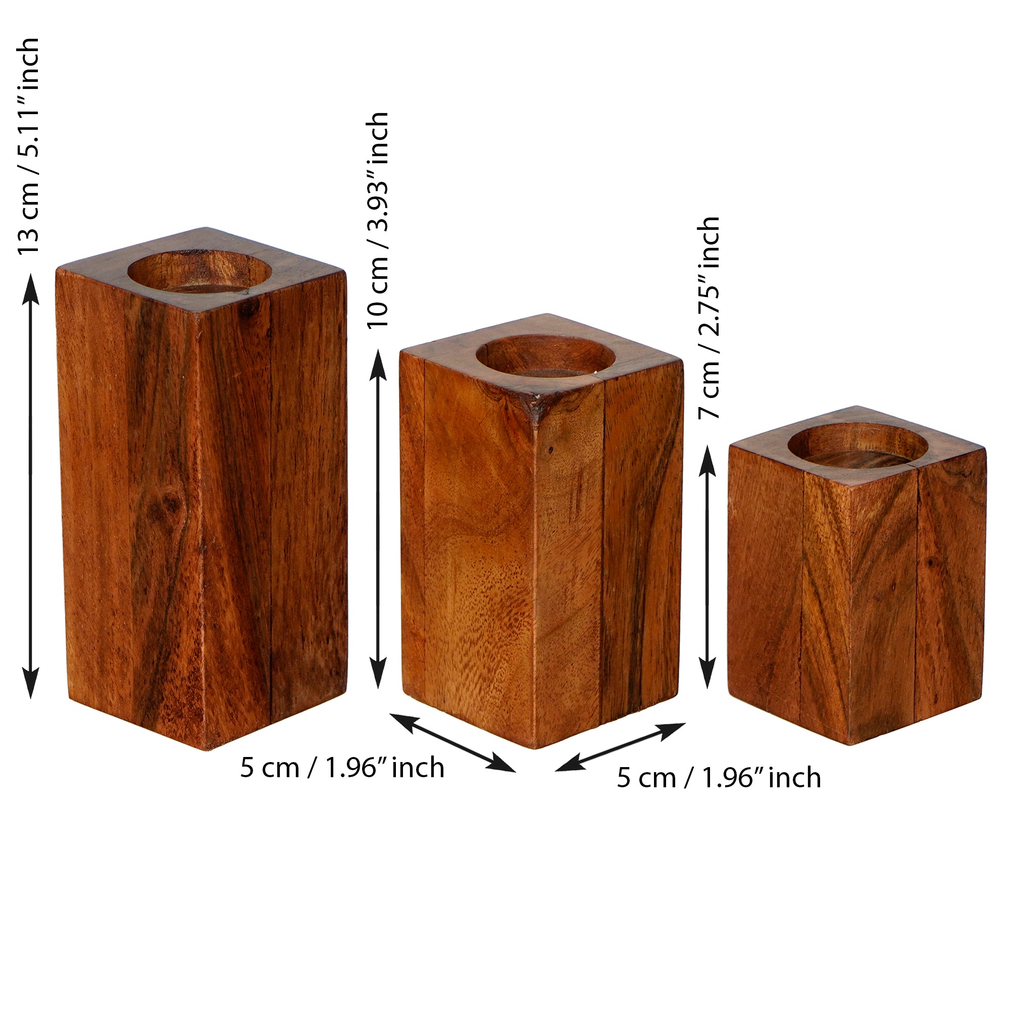 Brown Set of 3 Solid Pillar Wooden Tea Light candle Holder Stands 3