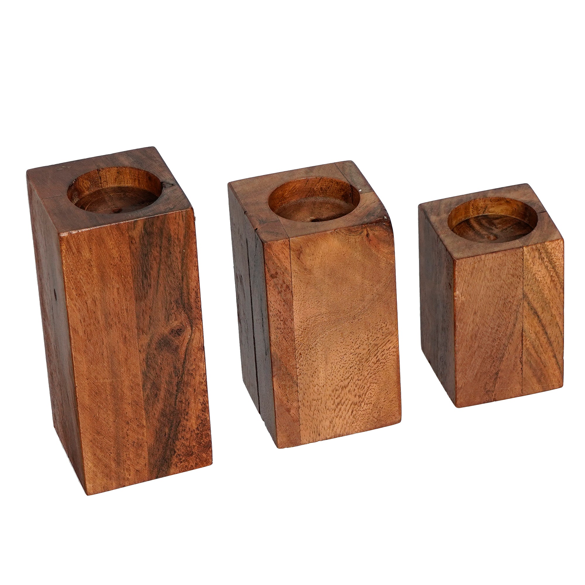 Brown Set of 3 Solid Pillar Wooden Tea Light candle Holder Stands 4