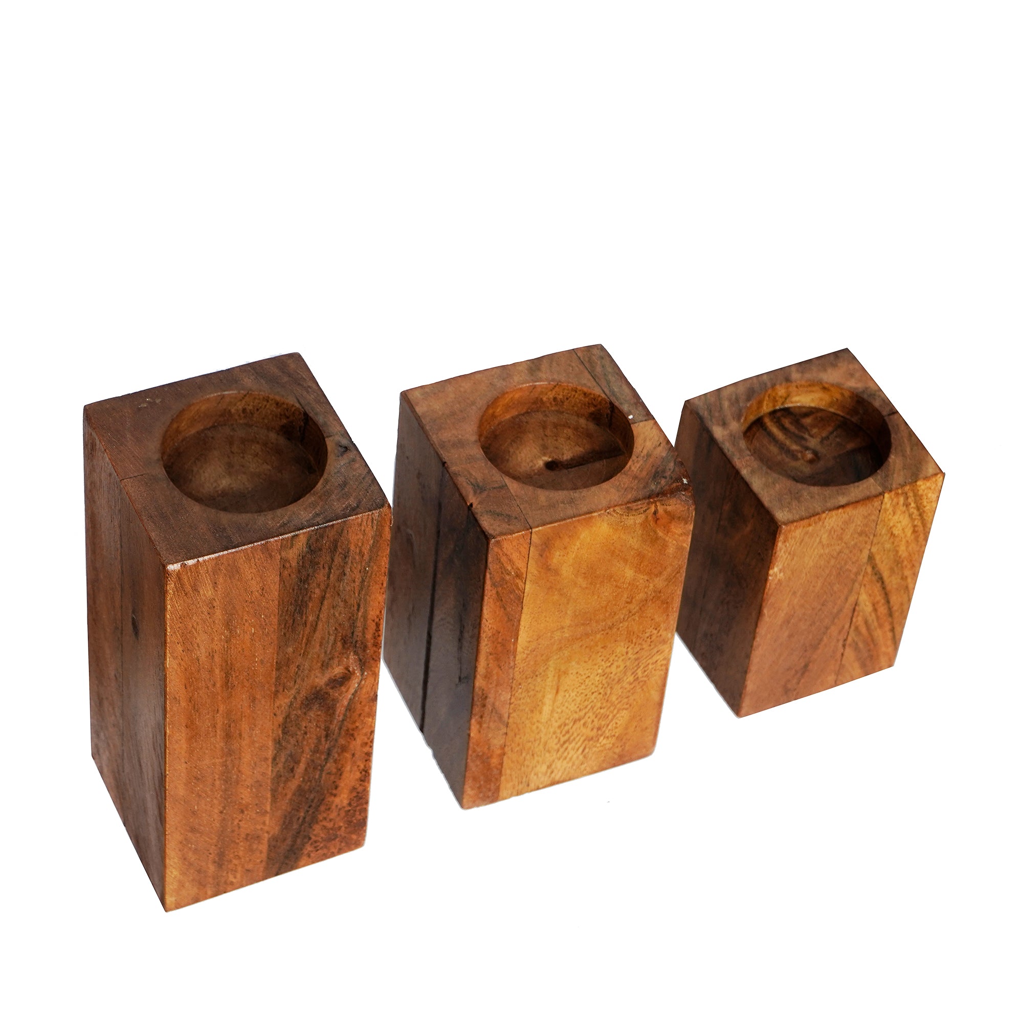 Brown Set of 3 Solid Pillar Wooden Tea Light candle Holder Stands 5