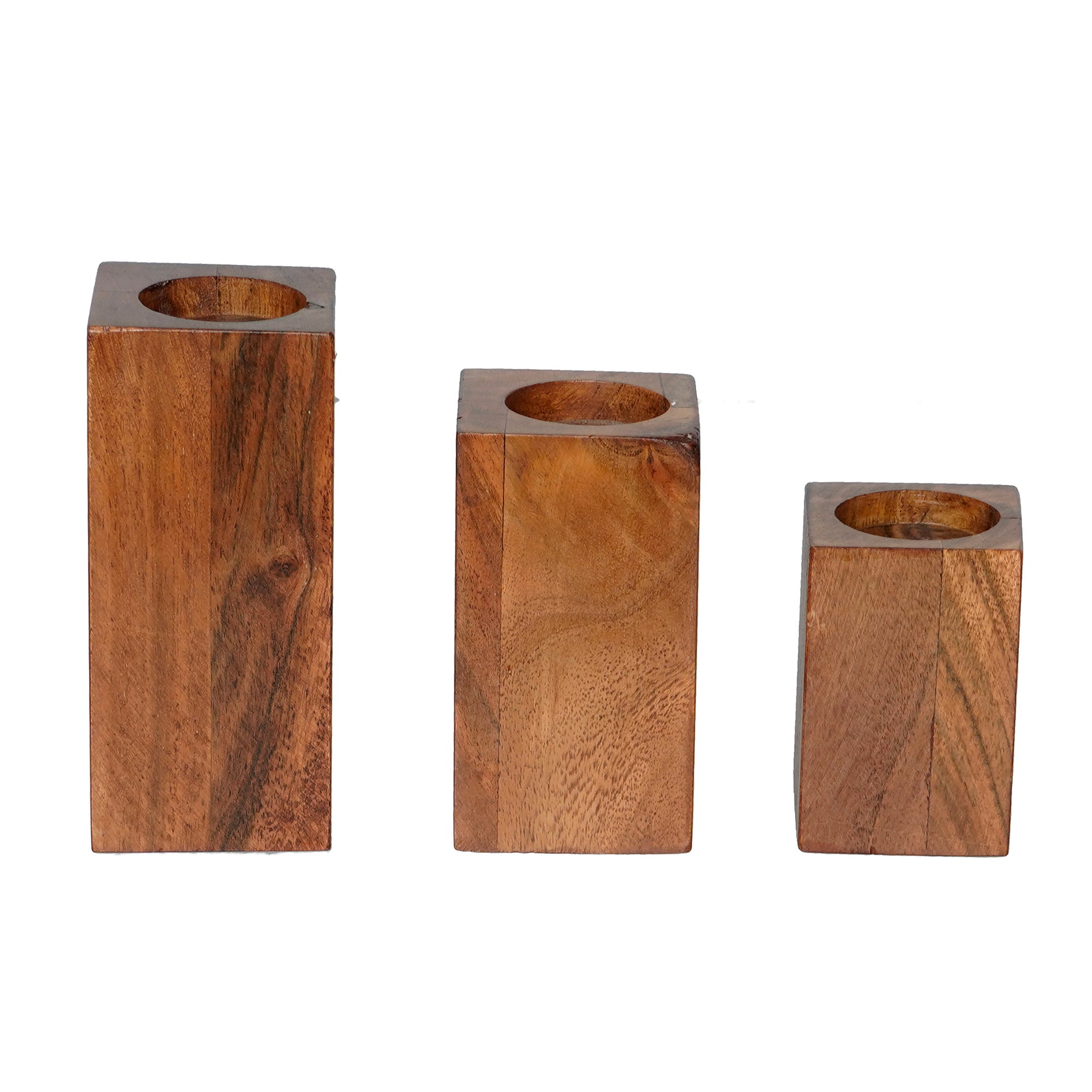Brown Set of 3 Solid Pillar Wooden Tea Light candle Holder Stands 6