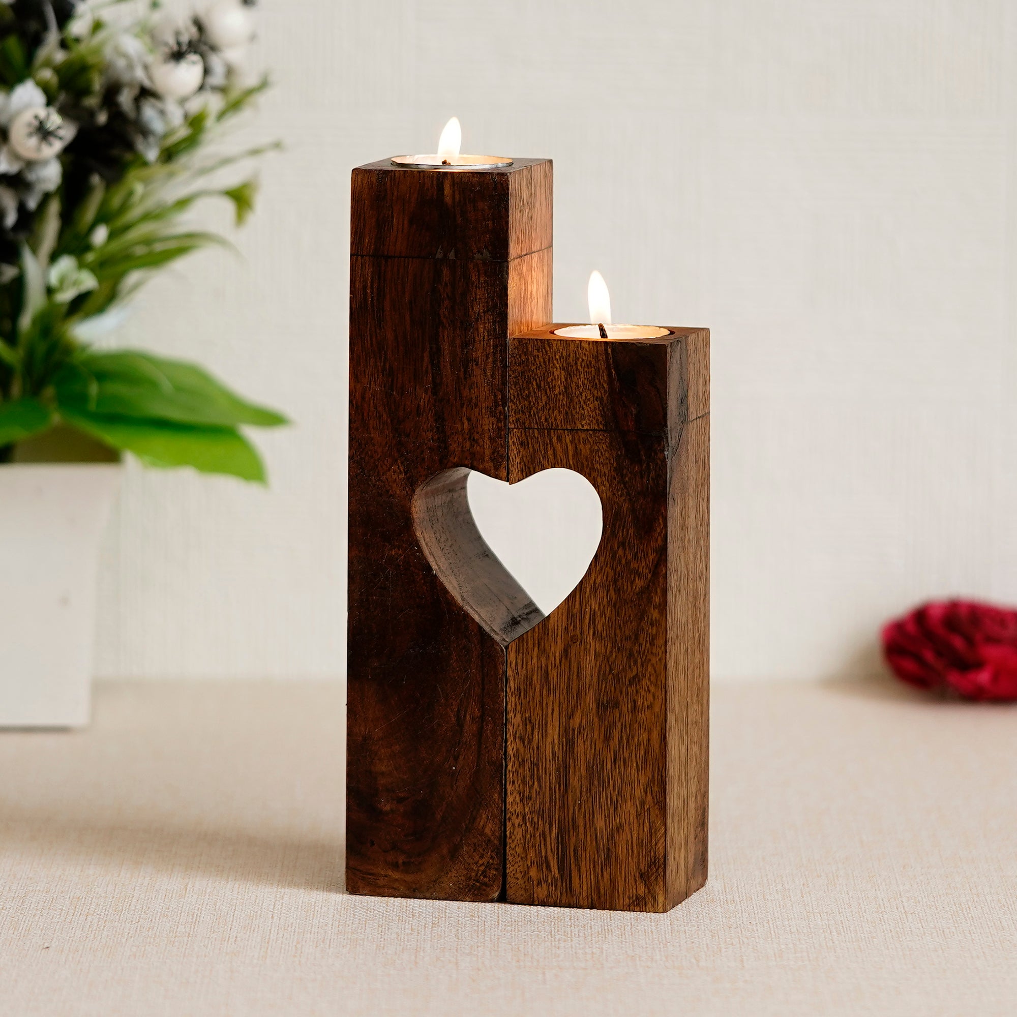 Brown Set of 2 Pillar Wooden tea light candle holder Stand with Heart in Center 1