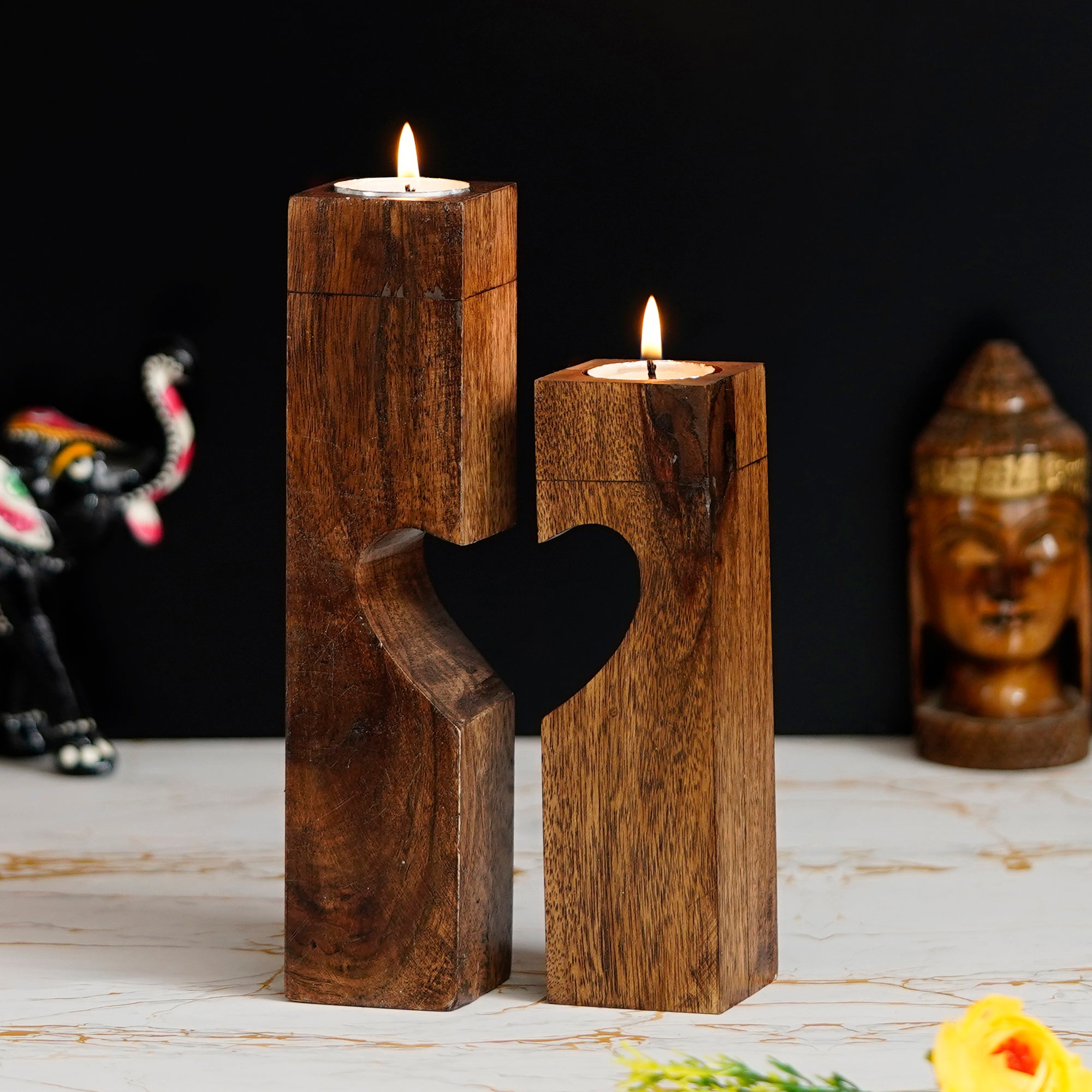 Brown Set of 2 Pillar Wooden tea light candle holder Stand with Heart in Center 2