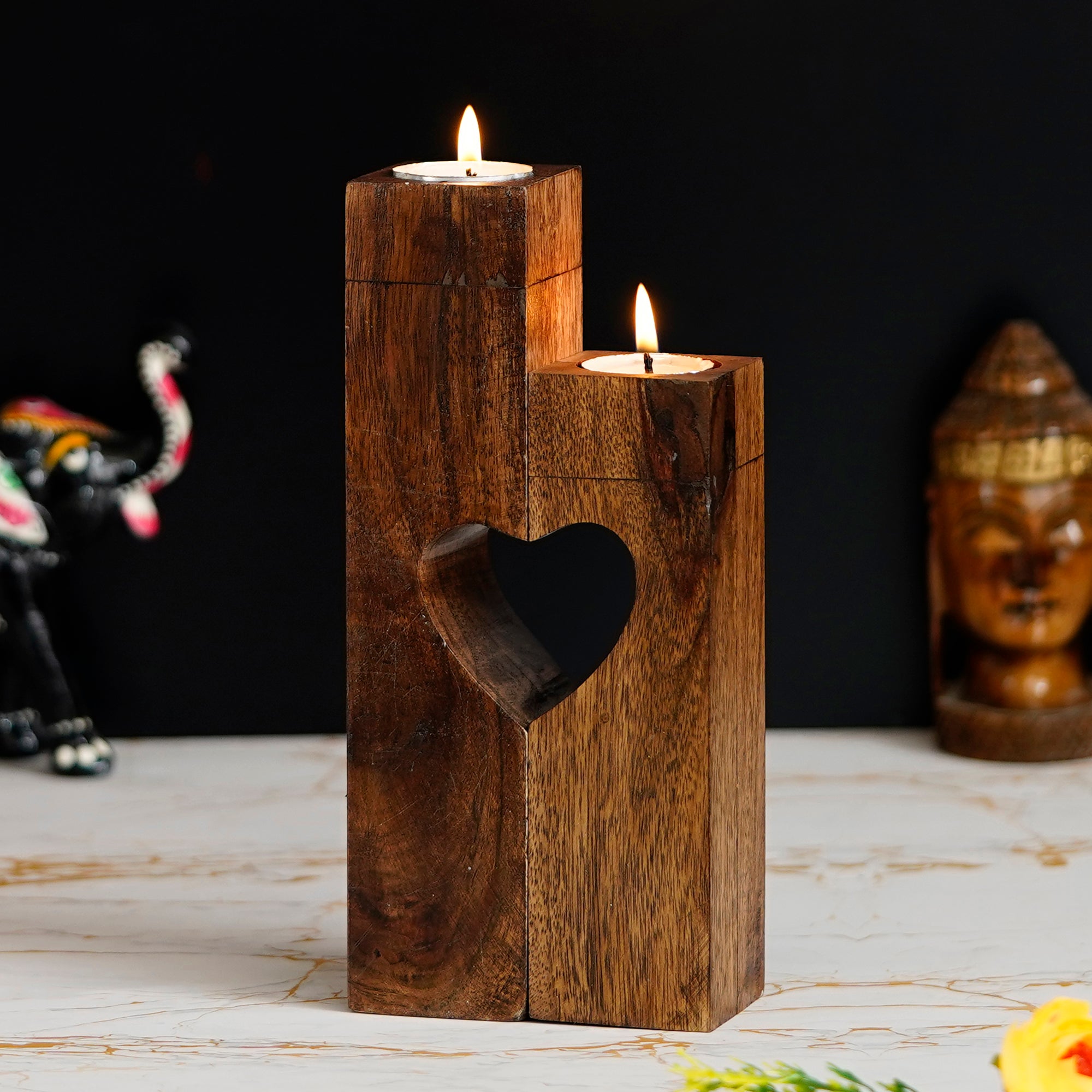 Brown Set of 2 Pillar Wooden tea light candle holder Stand with Heart in Center