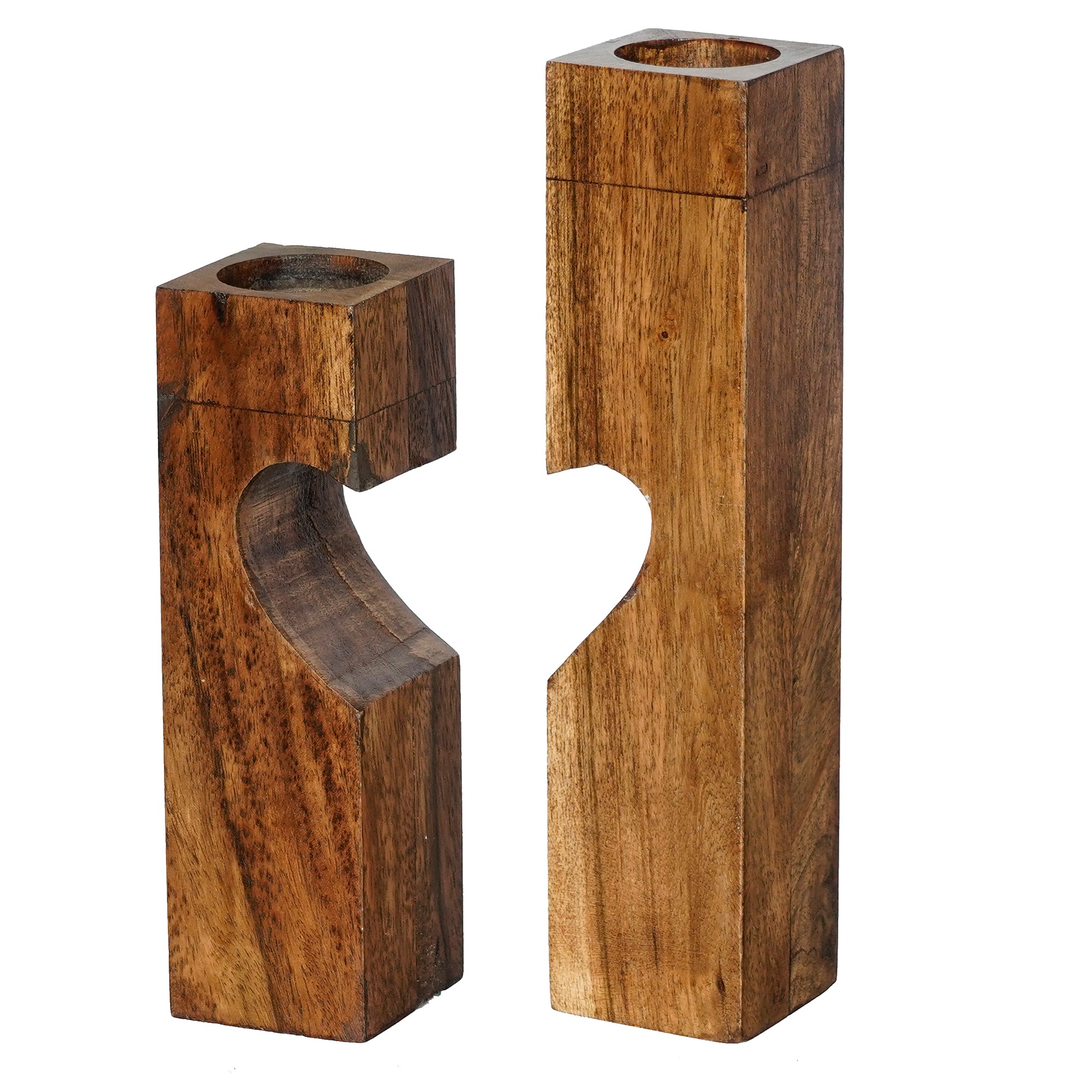 Brown Set of 2 Pillar Wooden tea light candle holder Stand with Heart in Center 6