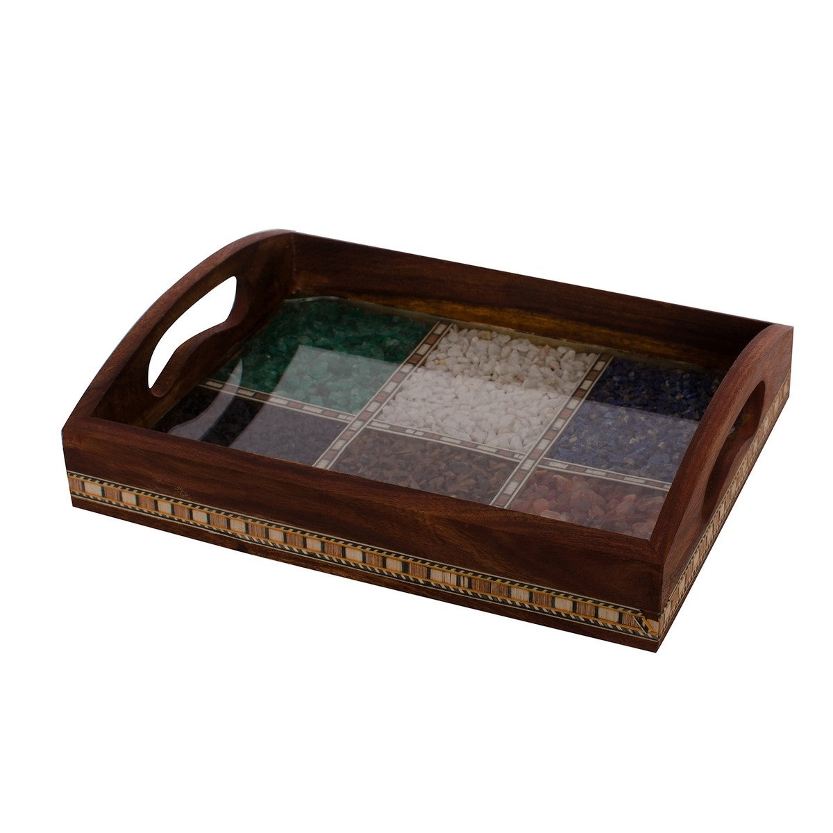 Multipurpose Gemstone Filled Rectangle Brown Wooden Serving Tray