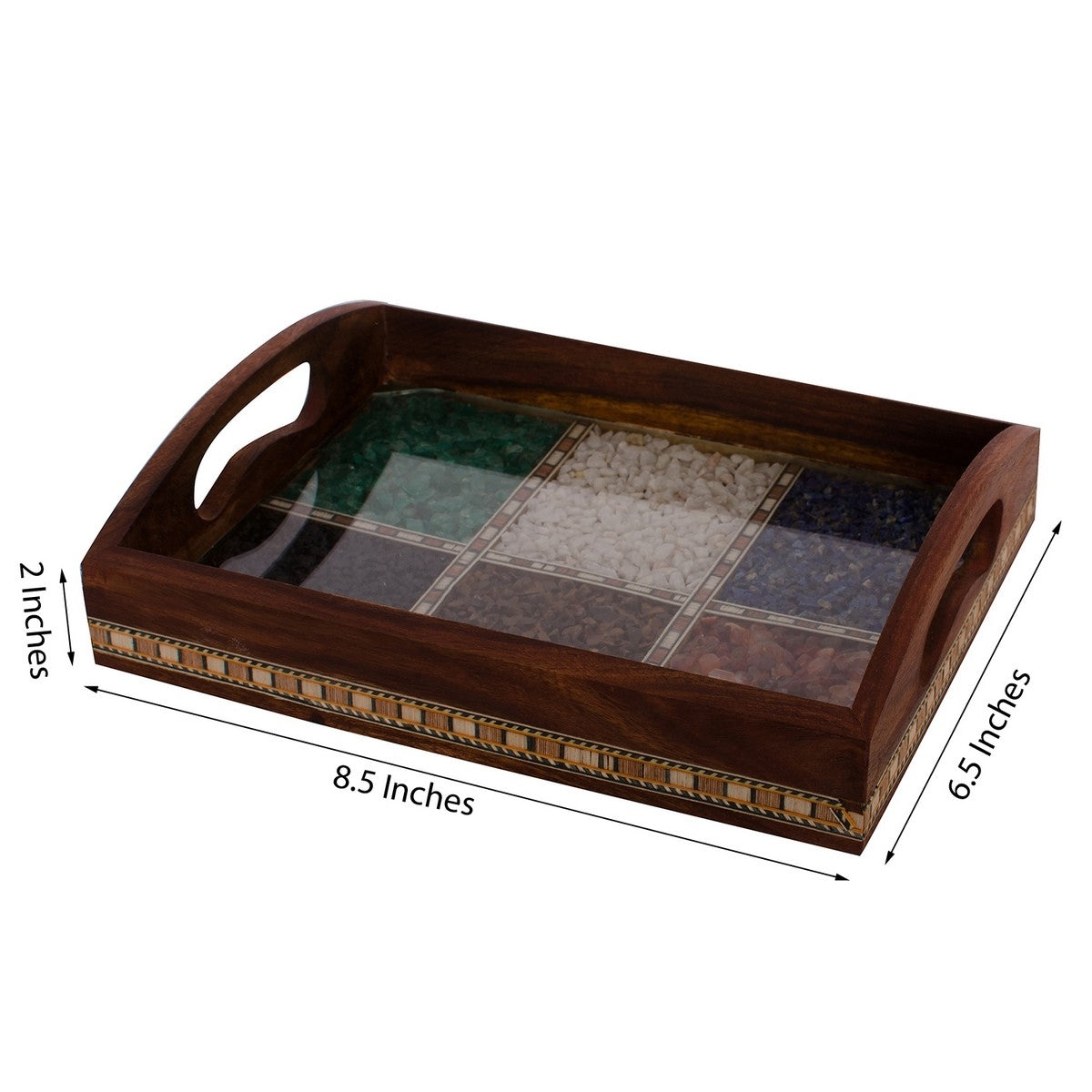 Multipurpose Gemstone Filled Rectangle Brown Wooden Serving Tray 3