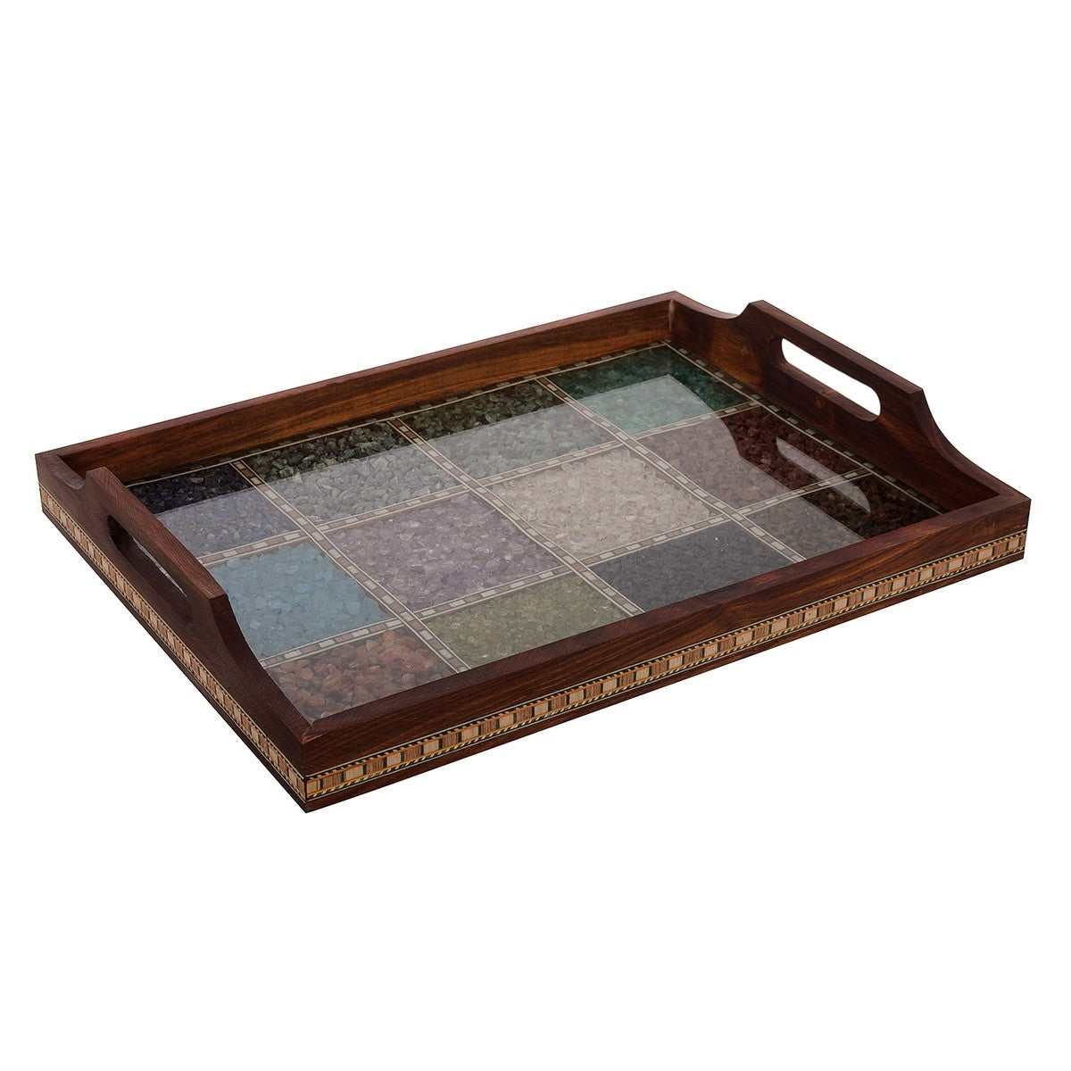 Multipurpose Gemstone Filled 12 Sq Brown Wooden Utility Tray