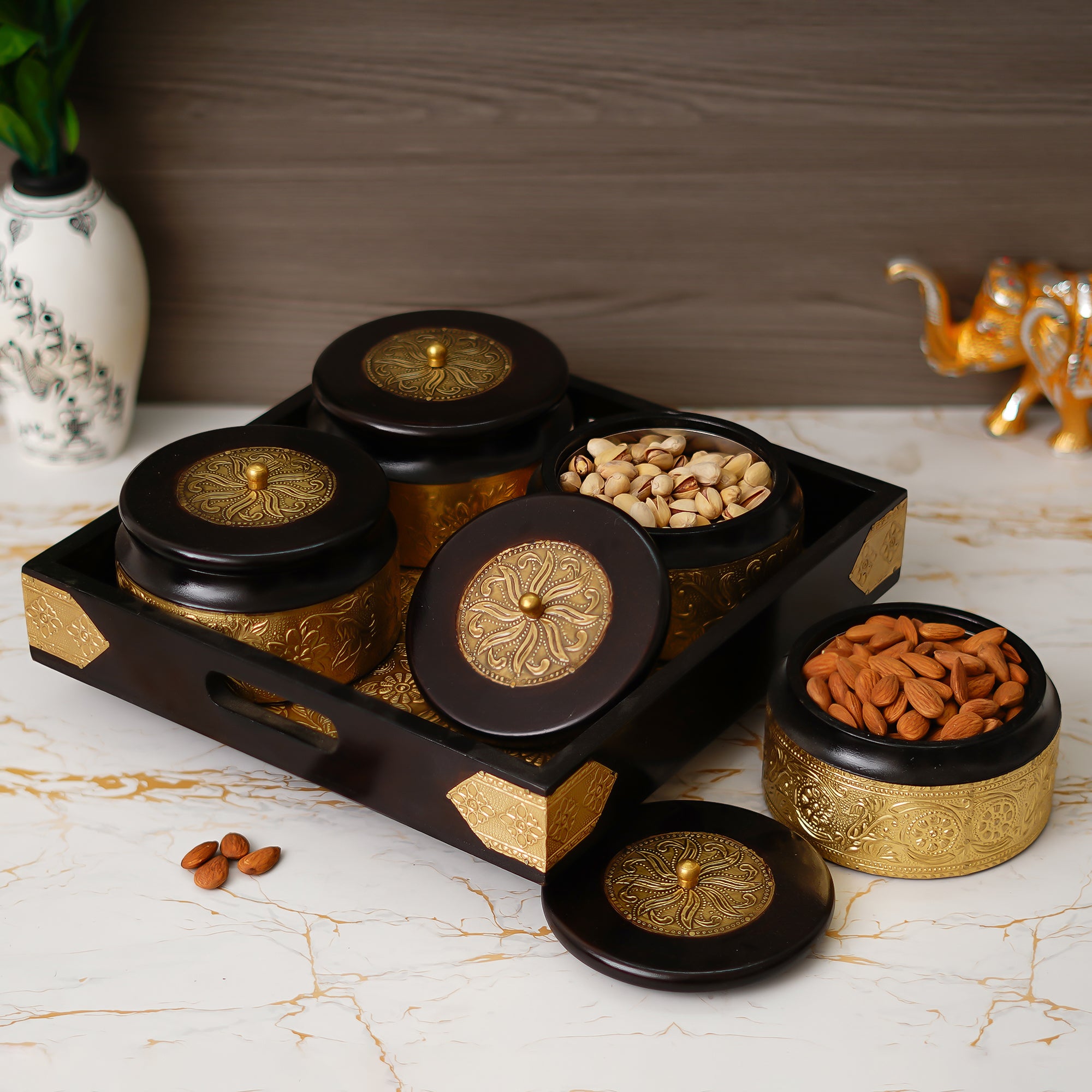 Decorative Handcrafted Wooden & Brass Dry Fruits Tray with 4 Round Containers