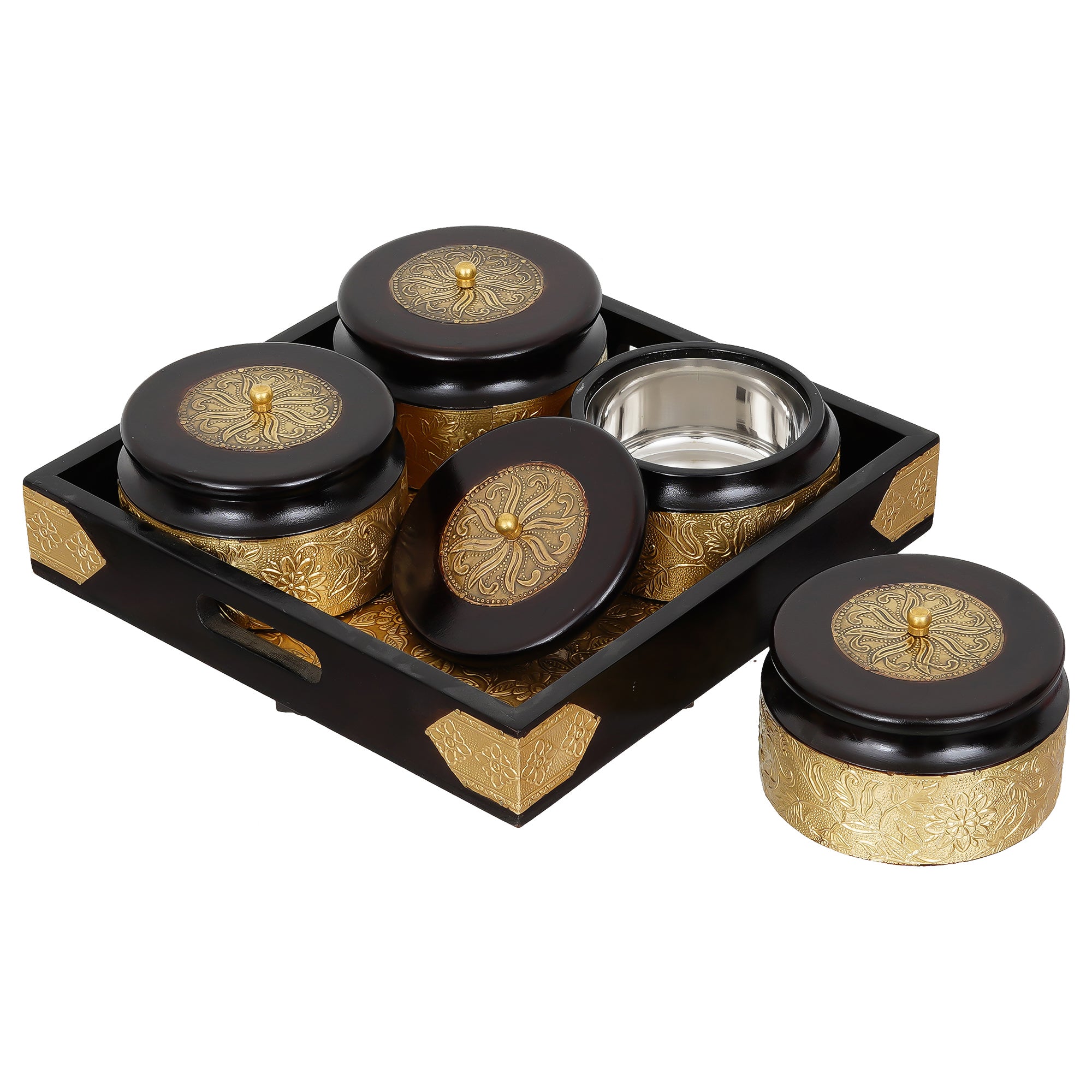 Decorative Handcrafted Wooden & Brass Dry Fruits Tray with 4 Round Containers 2