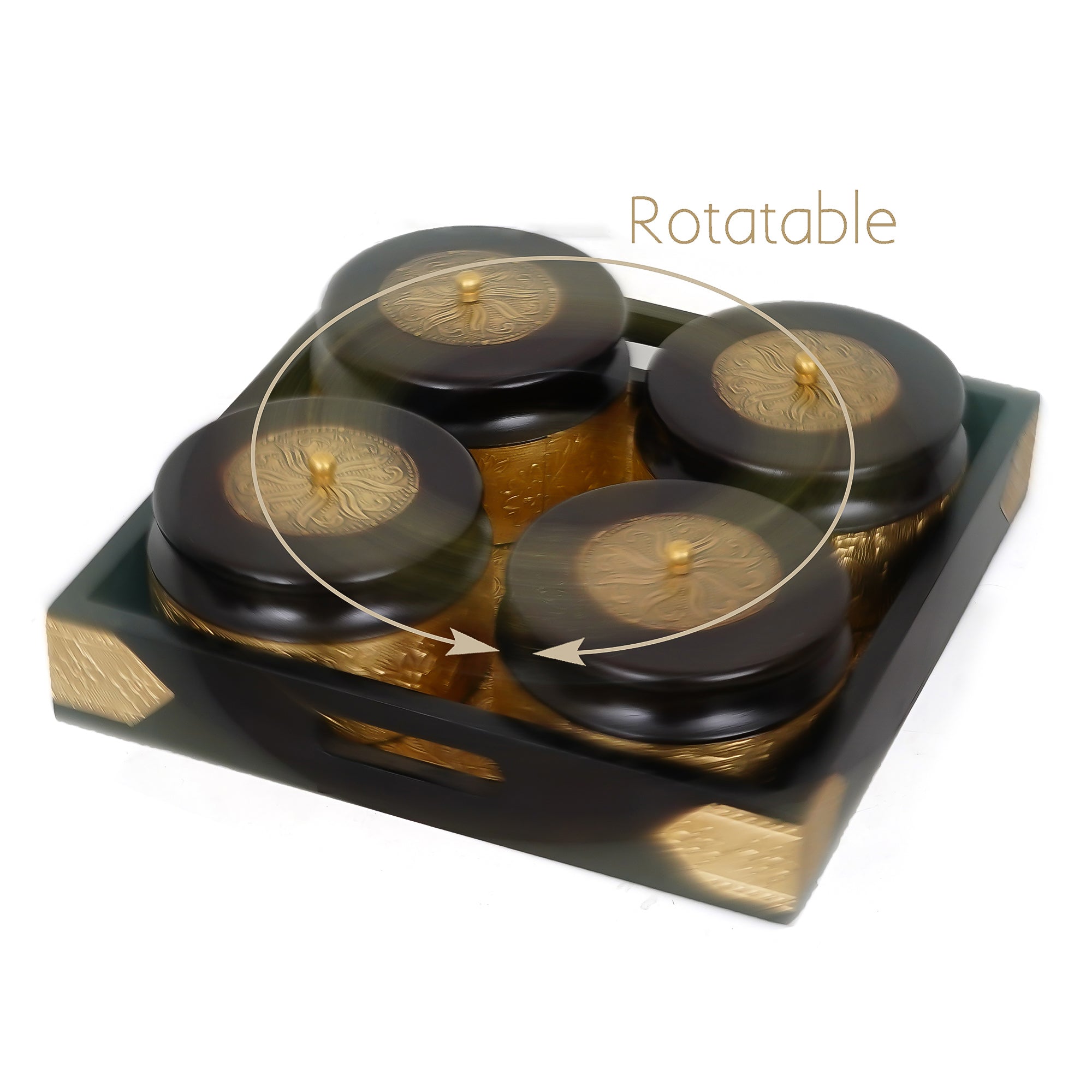 Decorative Handcrafted Wooden & Brass Dry Fruits Tray with 4 Round Containers 4