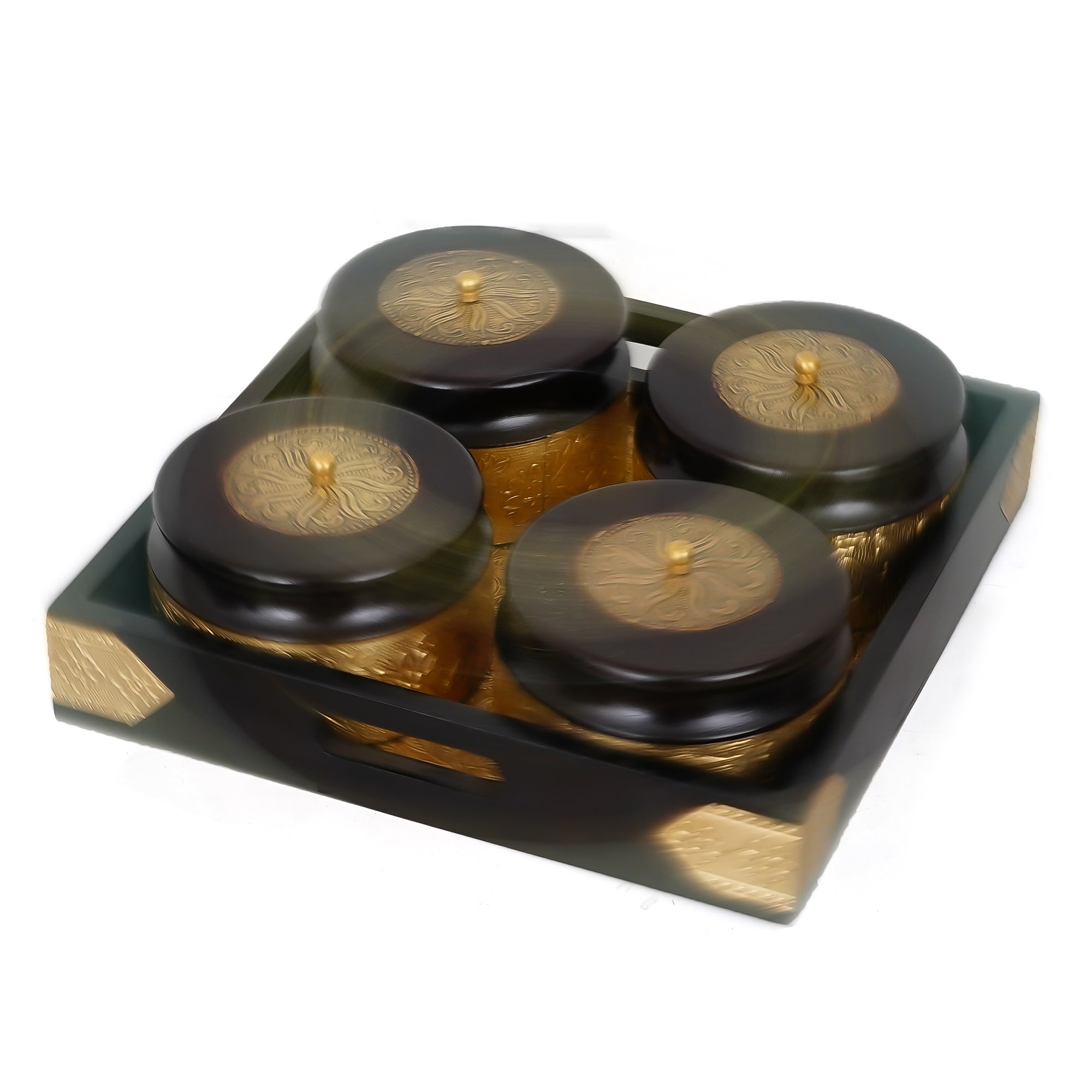 Decorative Handcrafted Wooden & Brass Dry Fruits Tray with 4 Round Containers 5