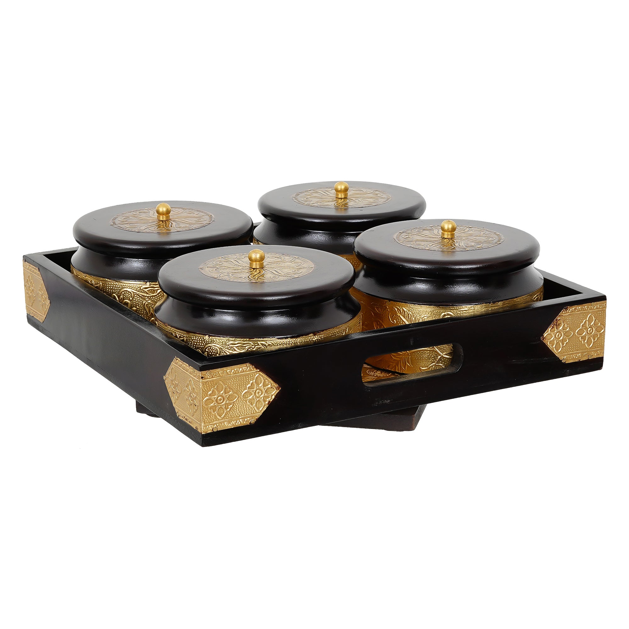 Decorative Handcrafted Wooden & Brass Dry Fruits Tray with 4 Round Containers 6