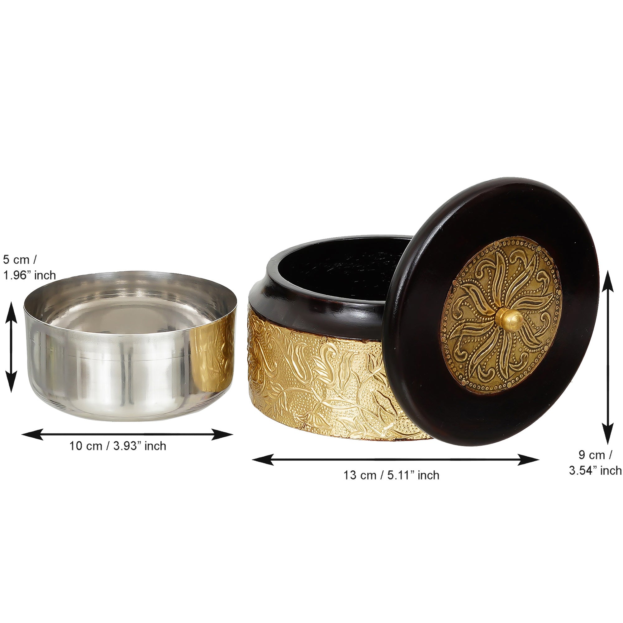 Decorative Handcrafted Wooden & Brass Dry Fruits Tray with 4 Round Containers 7