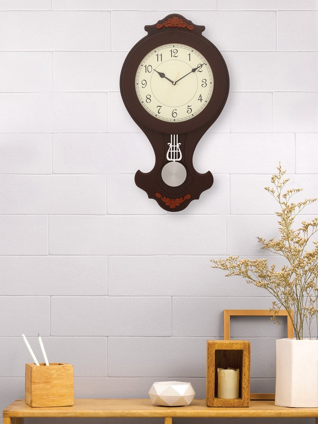 Decorative Round Dial Vertical Analog Wooden Pendulum Wall Clock 1
