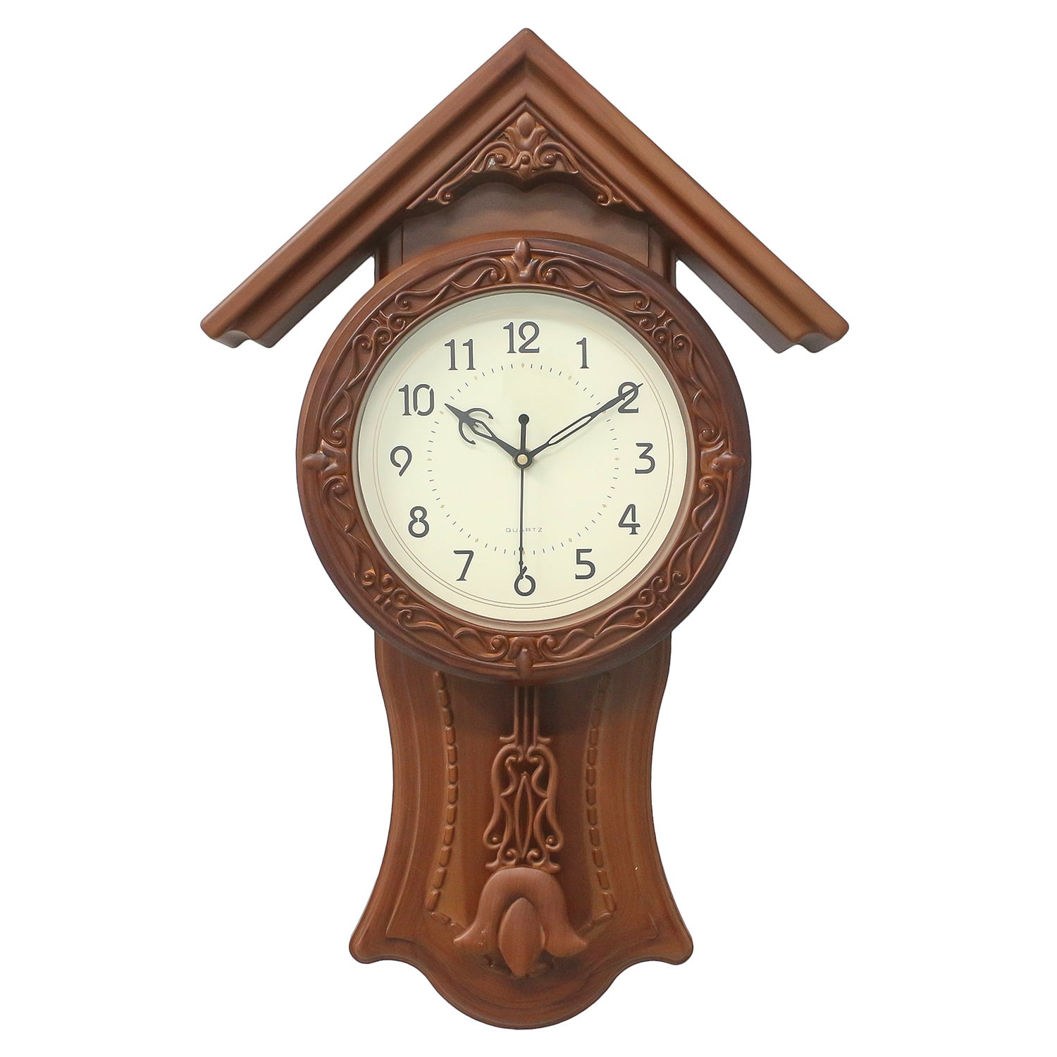 Brown Plastic Circular Dial Vertical Analog Pendulum Wall Clock