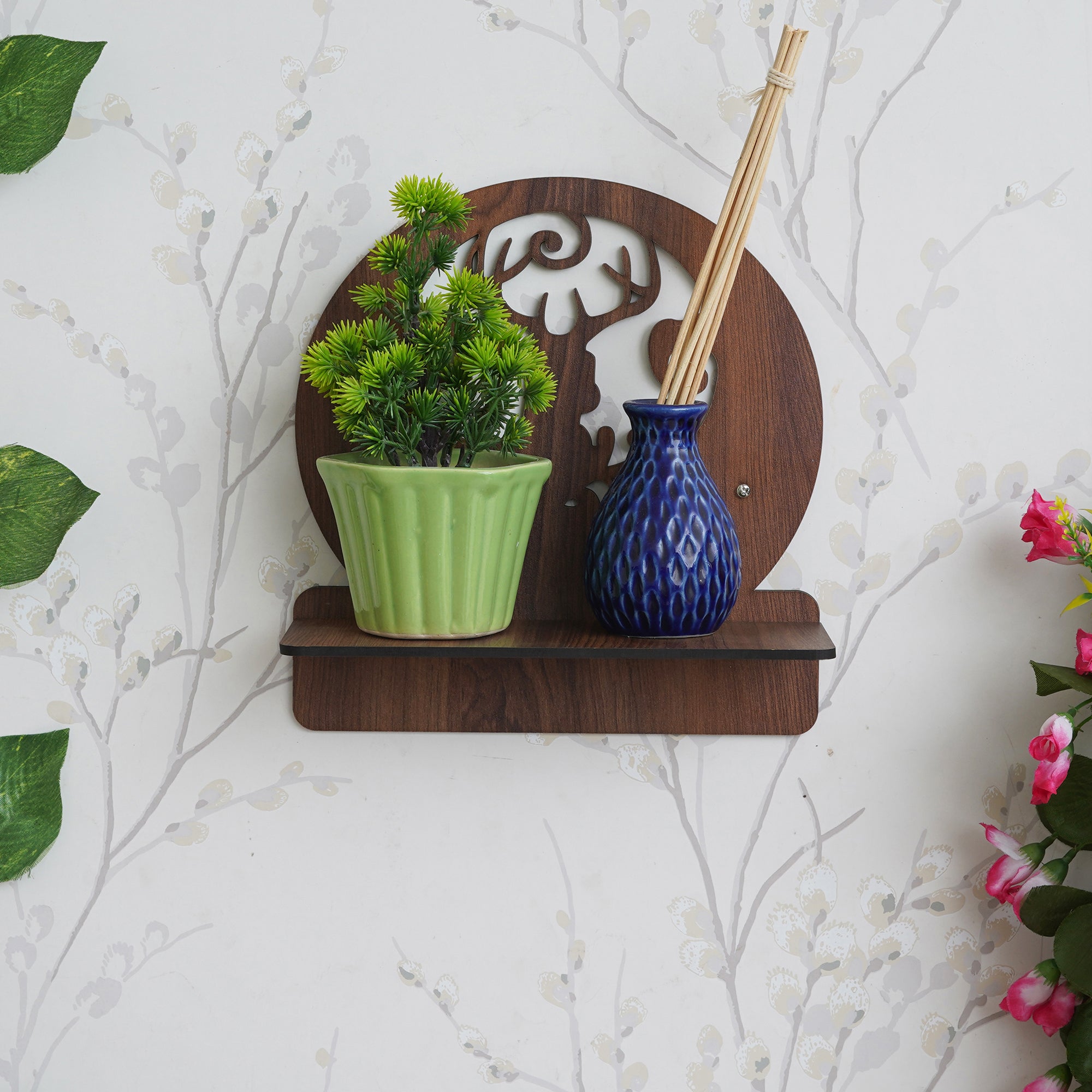 eCraftIndia Dark Brown Multipurpose Round Shaped Deer Cut Out Decorative Wooden Wall Shelf 1
