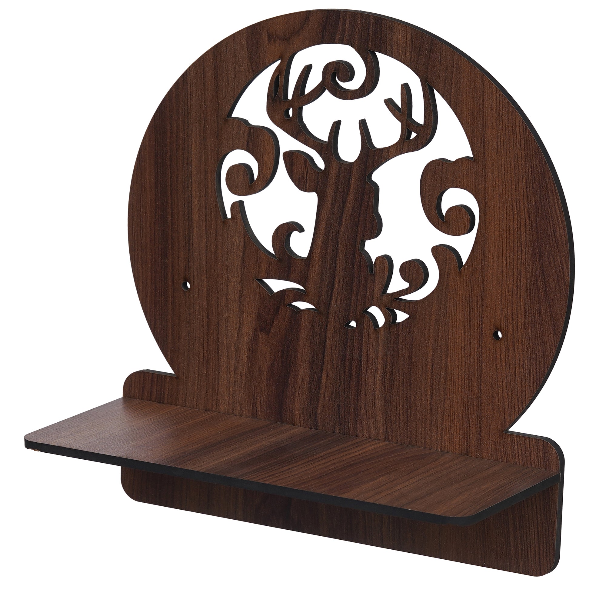 eCraftIndia Dark Brown Multipurpose Round Shaped Deer Cut Out Decorative Wooden Wall Shelf 2