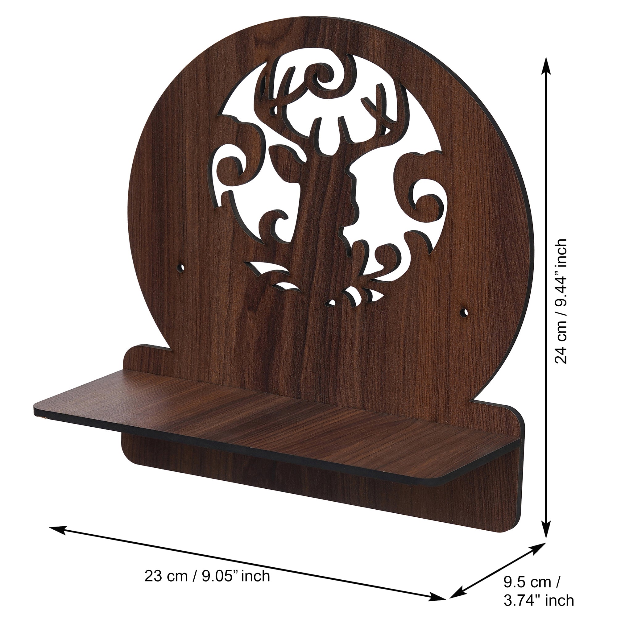 eCraftIndia Dark Brown Multipurpose Round Shaped Deer Cut Out Decorative Wooden Wall Shelf 3