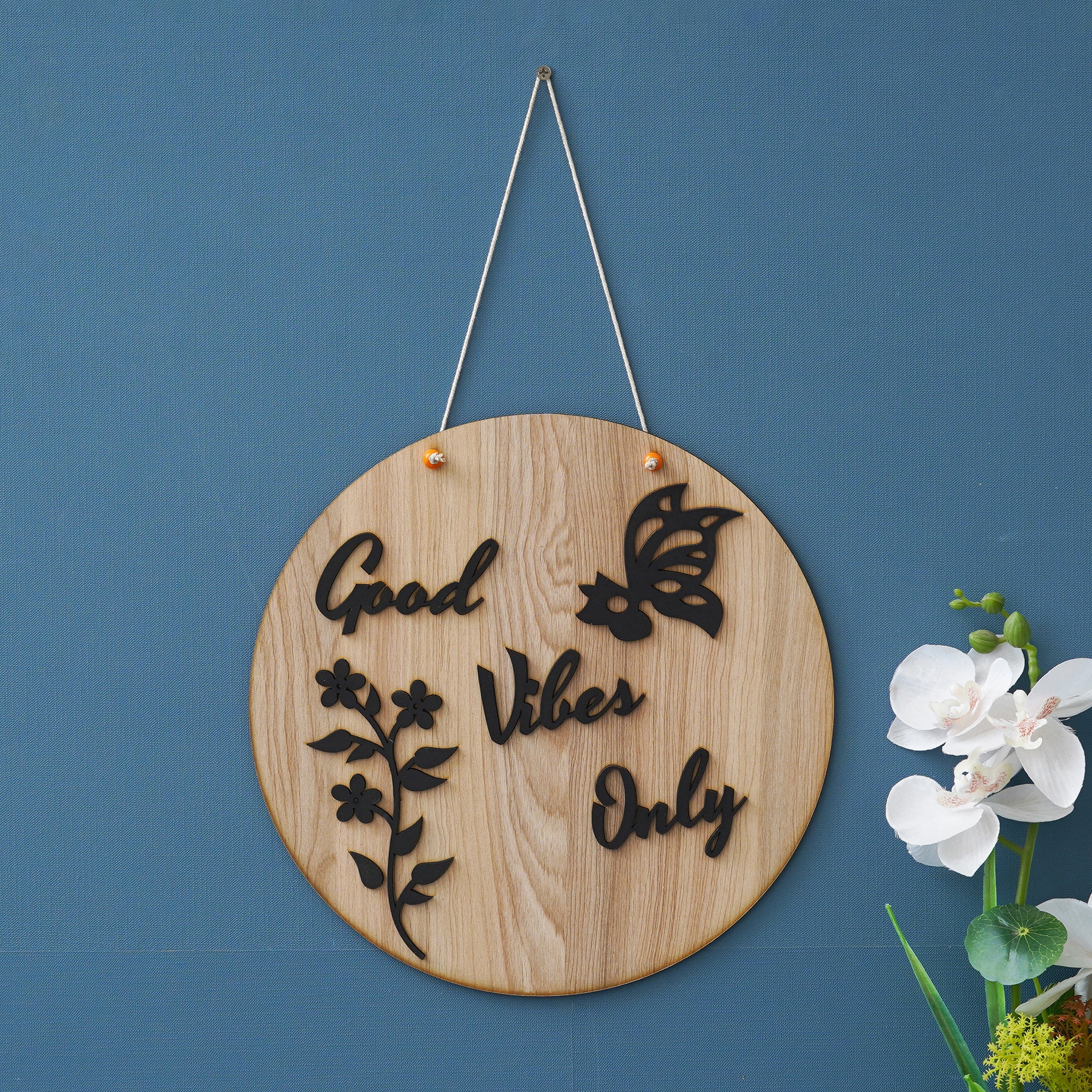 eCraftIndia Brown Wooden "Good Vibes Only" Butterfly & Floral Designer Wall Hanging Showpiece