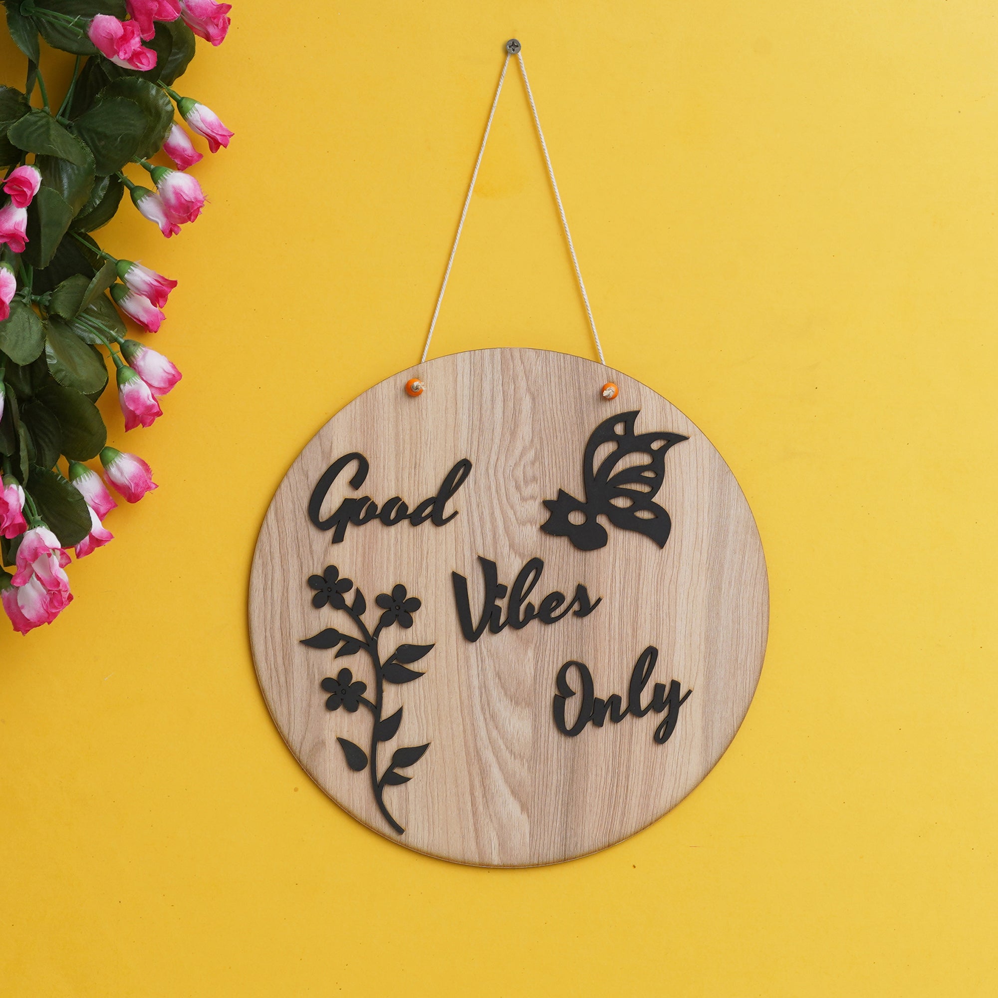 eCraftIndia Brown Wooden "Good Vibes Only" Butterfly & Floral Designer Wall Hanging Showpiece 1
