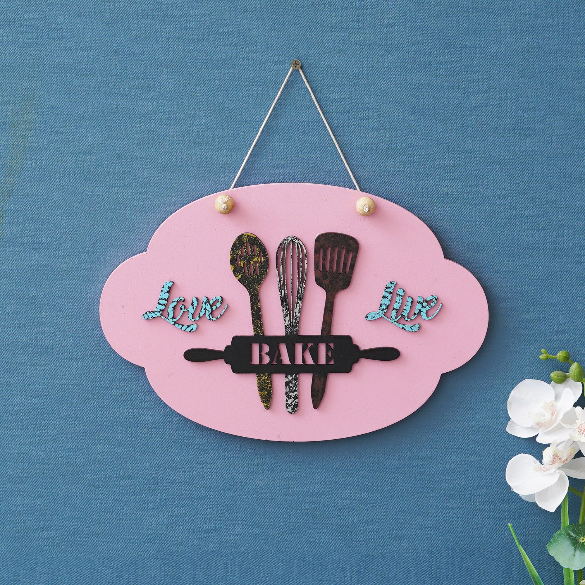 eCraftIndia Pink, Black, & Blue Wooden "Love Bake Live" Wall Hanging Showpiece