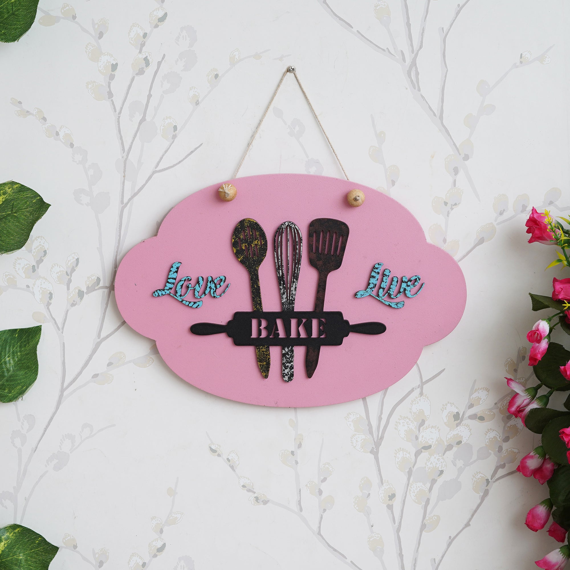 eCraftIndia Pink, Black, & Blue Wooden "Love Bake Live" Wall Hanging Showpiece 1